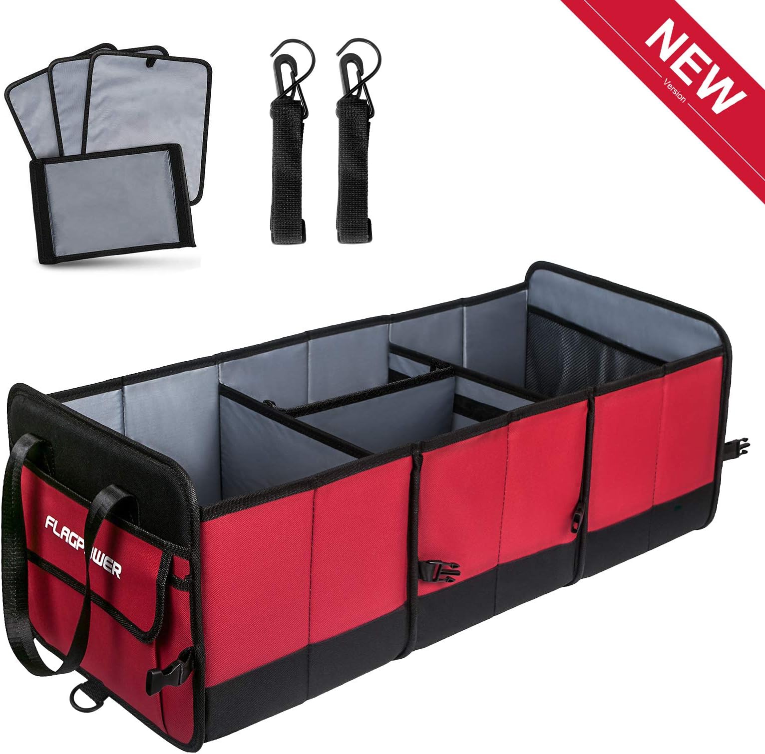 FLAGPOWER Car Trunk Organizer Collapsible Portable Multi Compartments Organizer with Non Slip Straps for SUV Truck Auto Vehicle Car Auto Minivan (Red)