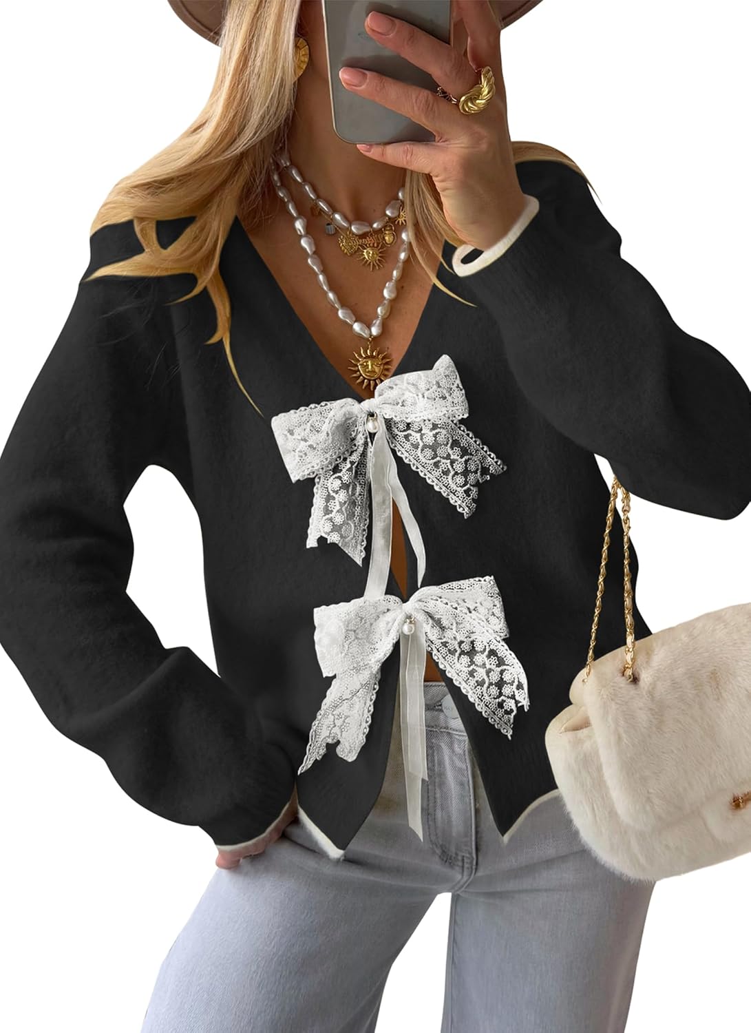 Cakulo Womens Bow Tie Sweater V Neck Cardigan Sweaters Lightweight Fall Fashion Knit Cardigans Winter Clothes 2025 Black S