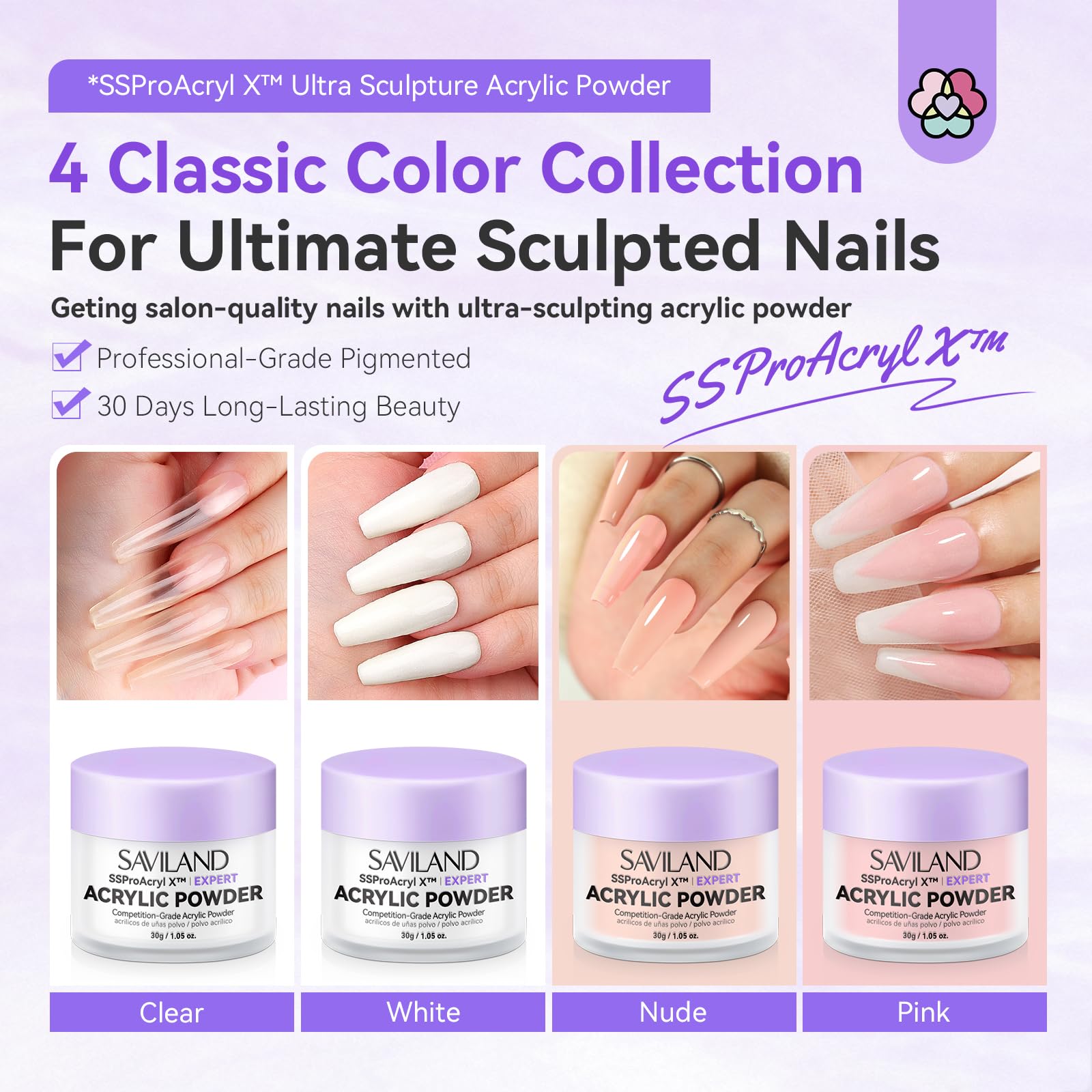 SAVILAND Acrylic Powder Set, 4x30g Clear White Pink Nude Colors, Professional Soak-Off Nail Powder for Extensions Carving - Image 3