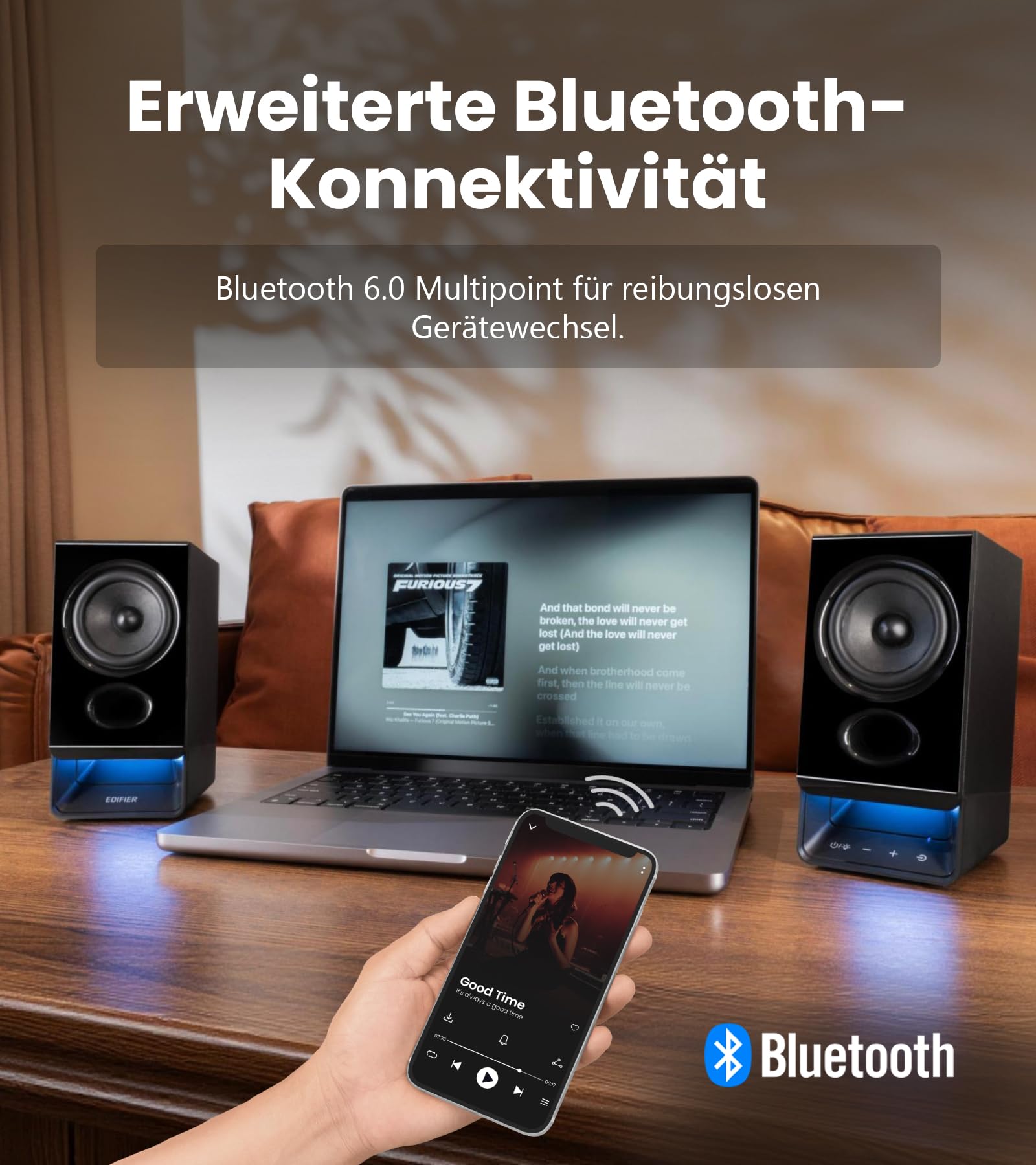 Edifier R20BT USB-betriebene Computerlautsprecher, 2,75-Zoll-Breitbandlautsprecher, Bluetooth 6.0,Touch-Bedienelemente,AUX-Eingang,benutzerdefinierte Umgebungslichtund Klangprofile über APP – Schwarz