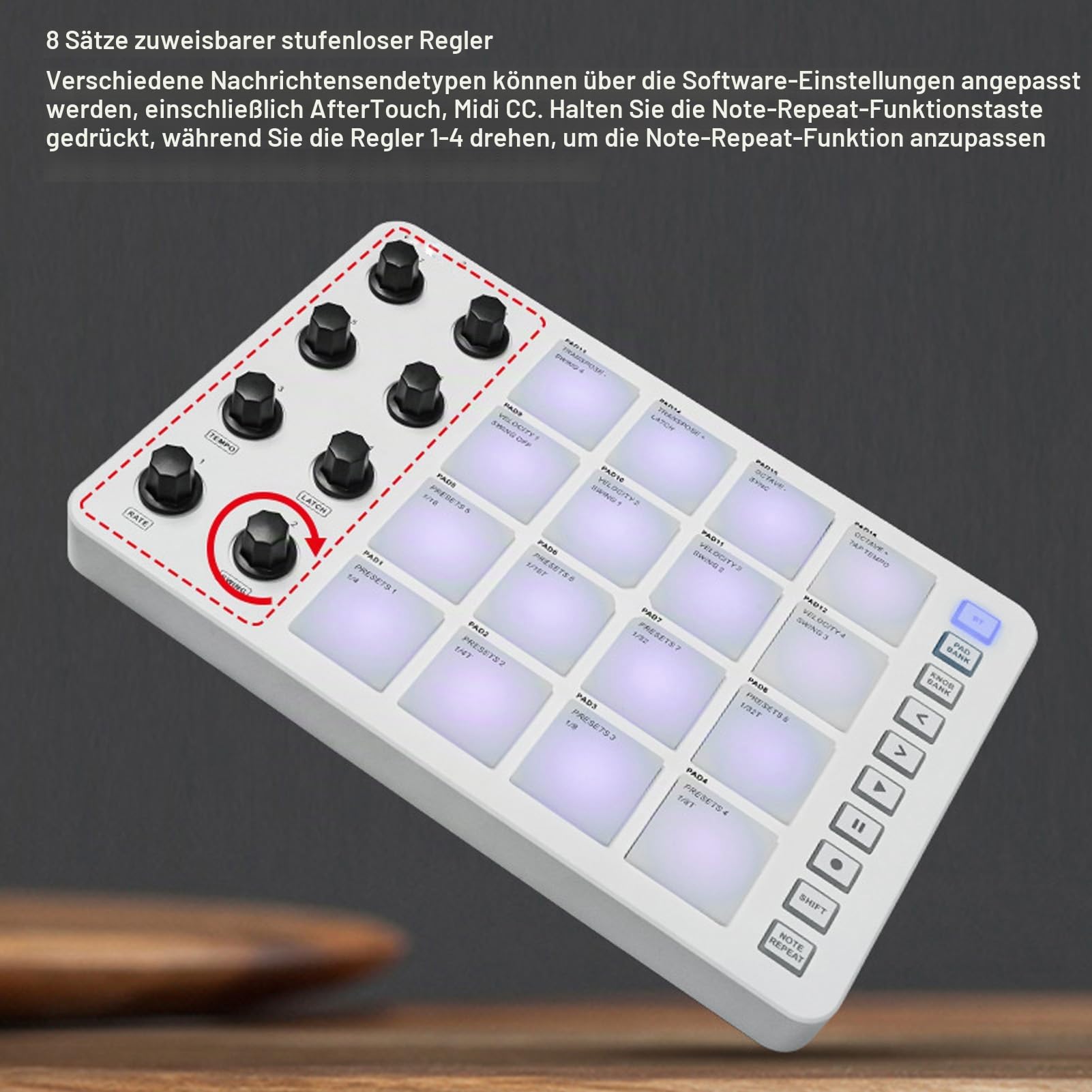 Drahtloser MIDI Pad Controller mit 16 RGB Anschlagdynamik Pads | 8 zuweisbare Drehregler Bluetooth Verbindung USB MIDI Ausgang Typ C Studio Bühne