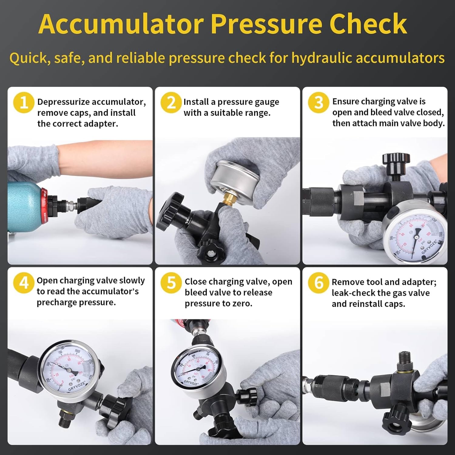 Hydraulic Nitrogen Accumulator Charging Kit, Pressure Test System, Nitrogen Fill Kit, Gas Charge Tools with 3 Gauges (1500, 3500, 6000 PSI), 8 Adapters, 1 Gas Hose, Aluminum Suitcase