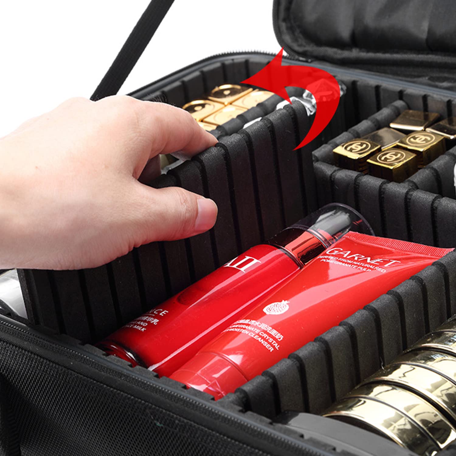 Trousse da viaggio in velluto, organizer per trucchi con manico, porta pennelli e articoli da toeletta, per donne e ragazze, L Nero
