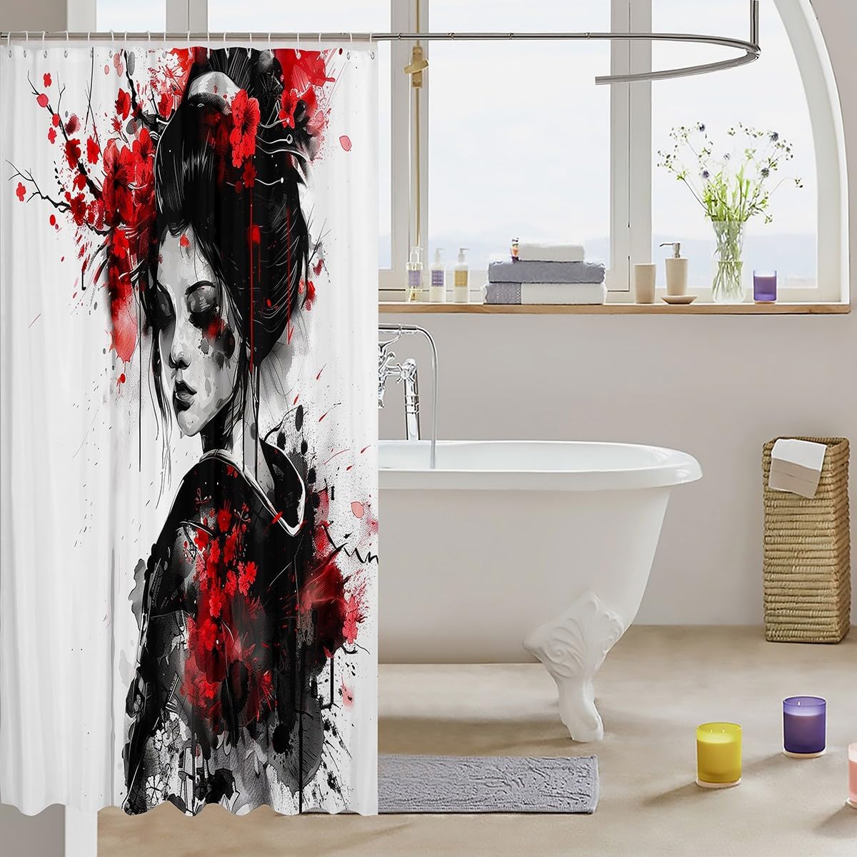 Feelyou Kids Japan Art Geisha Shower Curtain 72"x84" Boys Girls Cherry Blossoms Bathroom Shower Curtain Set Japanese Style Bath Curtain Japanese Tradition Aesthetic Bathroom Accessories