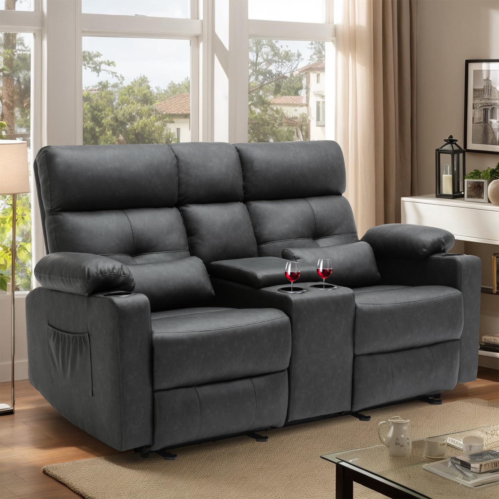 Power Reclining Loveseat with Console, Power Loveseat Recliner Sofa with Heat and Massage, Extended Footrest, Loveseat Recliner with Cup Holders, Lumbar Support for Living Room, Home Theater