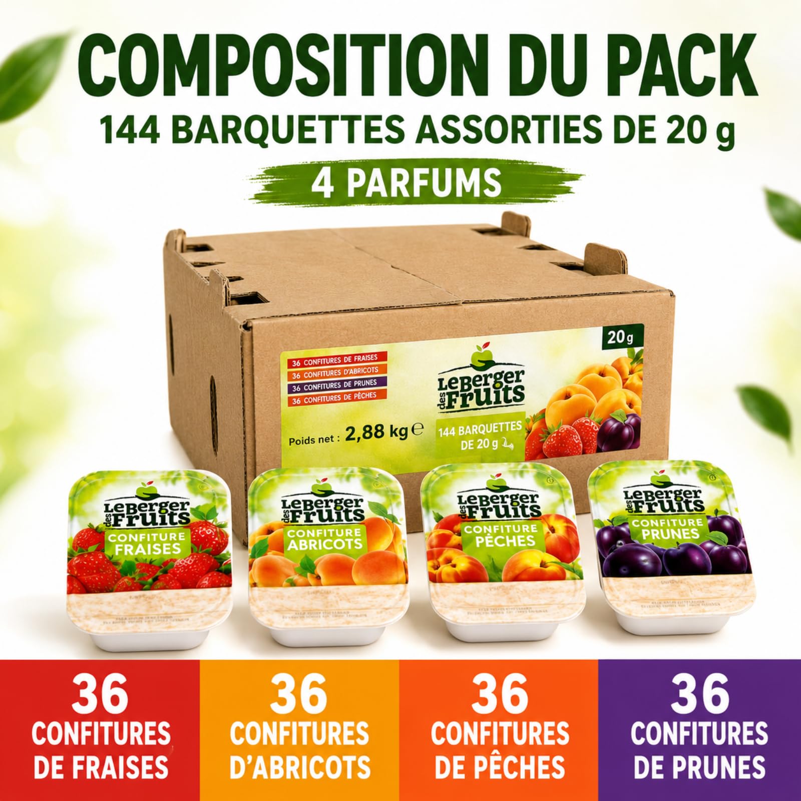 LE BERGER DES FRUITS | 144 barquettes de confiture assortie : prune, pêche, abricot et fraise | portions individuelles de 20 g pour varier les plaisirs au petit déjeuner et au goûter