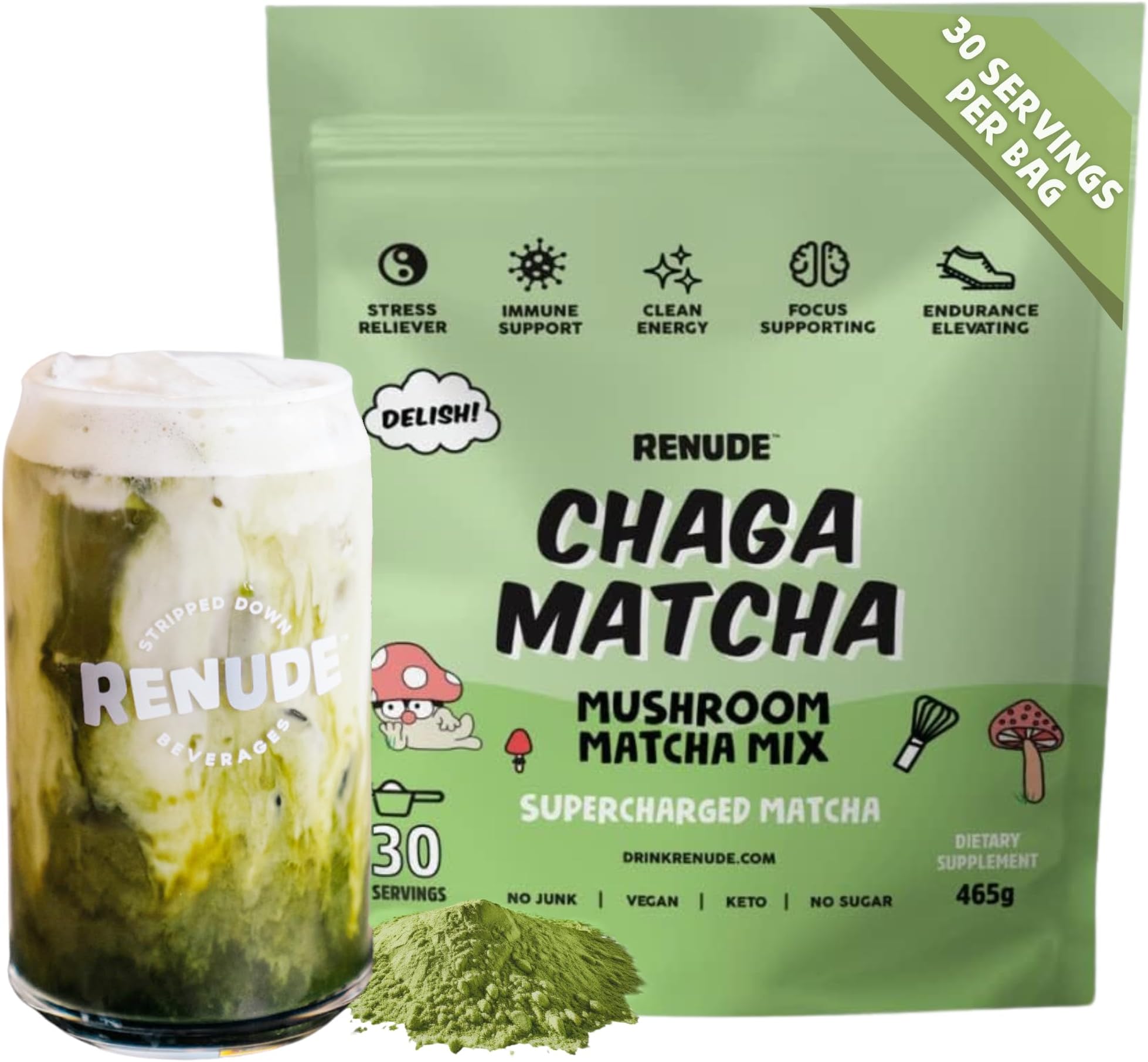 Renude Chaga Matcha - Chaga Mushroom Powder, Ceremonial Grade Matcha Superfood Drink Mix with Adaptogens, Keto, Vegan, Sugar Free, Natural Energy and Immune Support - 30 Servings