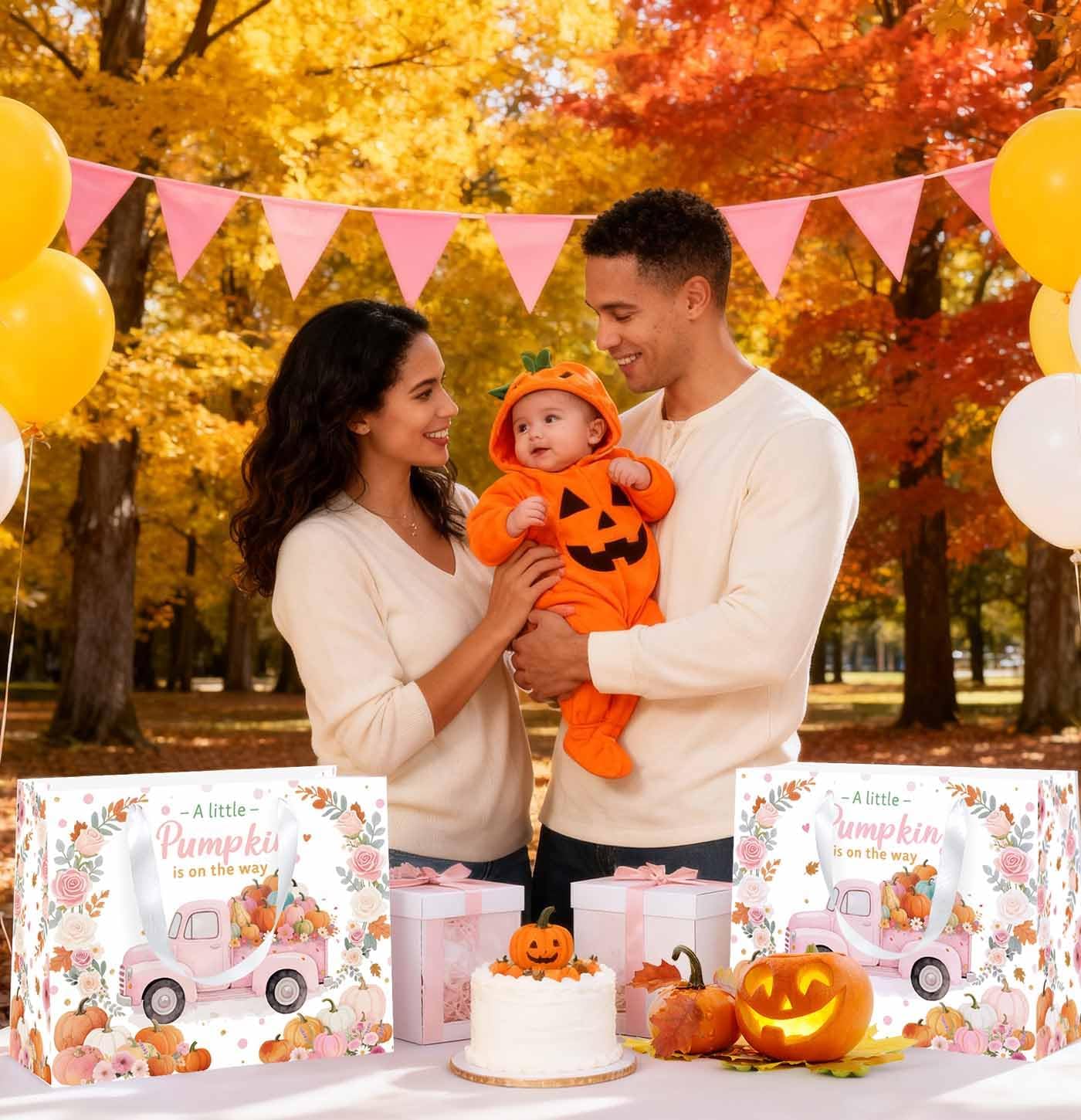MUNILAIL 13 Inch Pink Little Pumpkin Gift Bag with Handle Tissue Paper and Greeting Card Large A Little Pumpkin Is On The Way Gift Bag for Fall Baby Shower Thanksgiving Decorations - Image 7