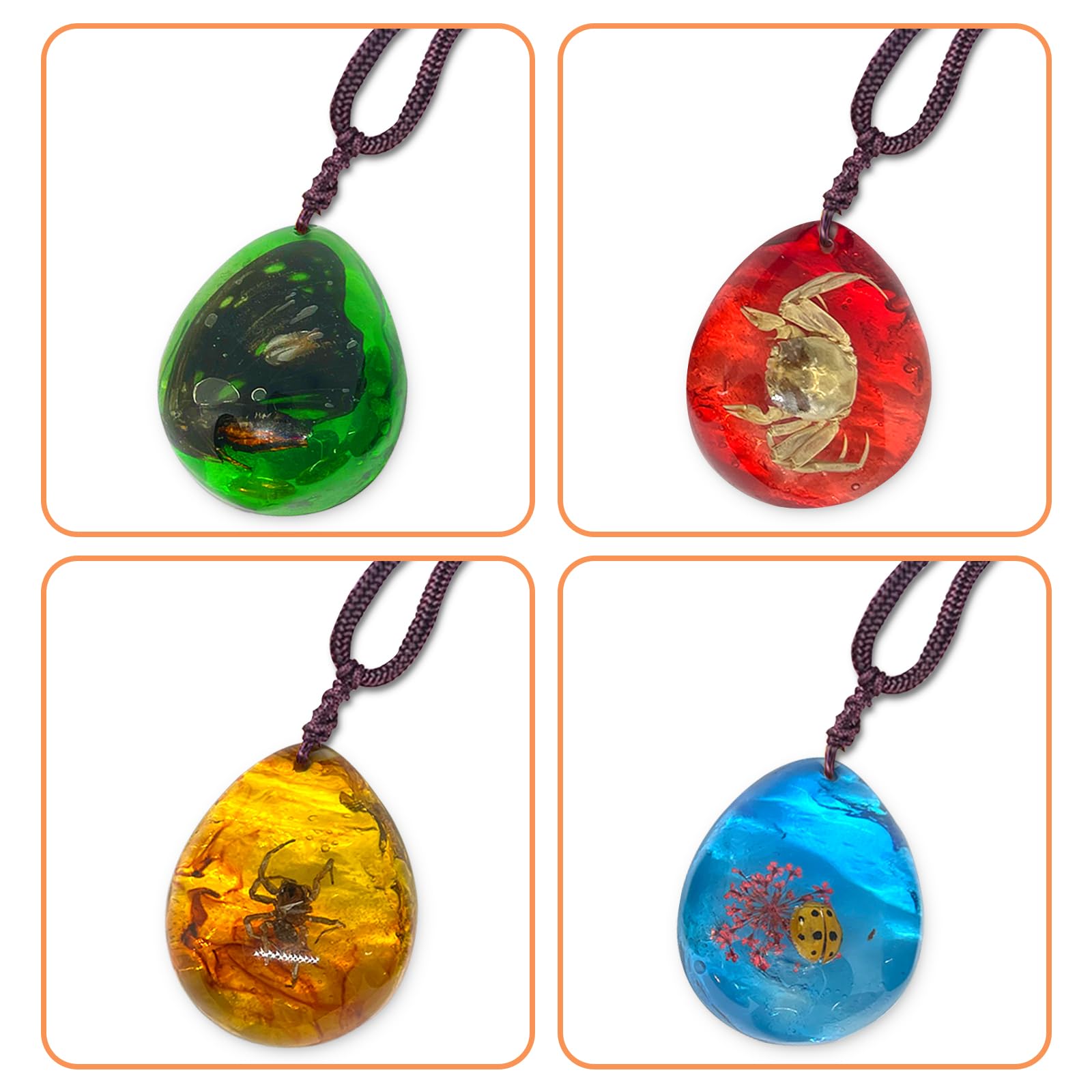 Lot de 8 fossiles d'ambre insectes, pendentifs en fossile ambre, divers exemplaires d'insectes, insectes conservés dans de la résine, jouets éducatifs pour enfants et collections scientifiques -