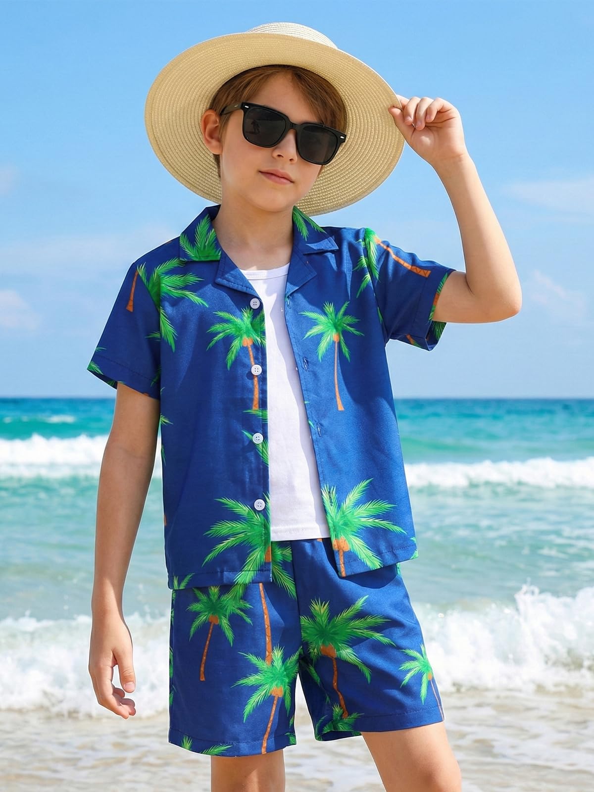 Hotfiary Completo hawaiano per bambini, set da 3 pezzi con pantaloncini con stampa tropicale, magliette e cappello, set estivo casual con risvolto, top e pantaloni a maniche corte, vestiti per 5-14