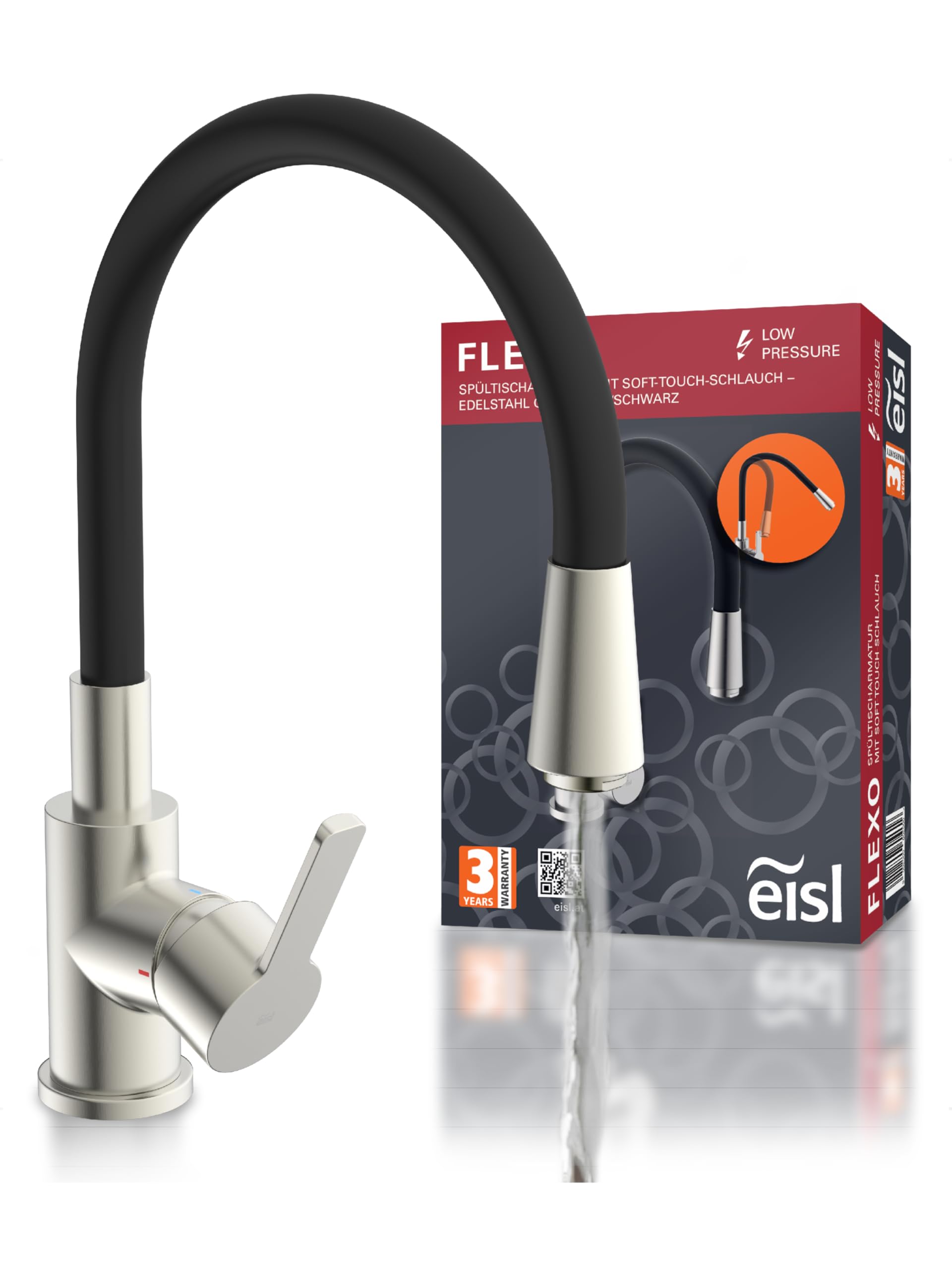 EISL Flexo Edelstahl/Schwarz Flexible Spültischarmatur Niederdruck, biegsamer Wasserhahn für die Küche, mit Soft-Touch-Schlauch, 360 Grad schwenkbar, Wasserhahn Küche flexibel, NI186FLNIB-LPU