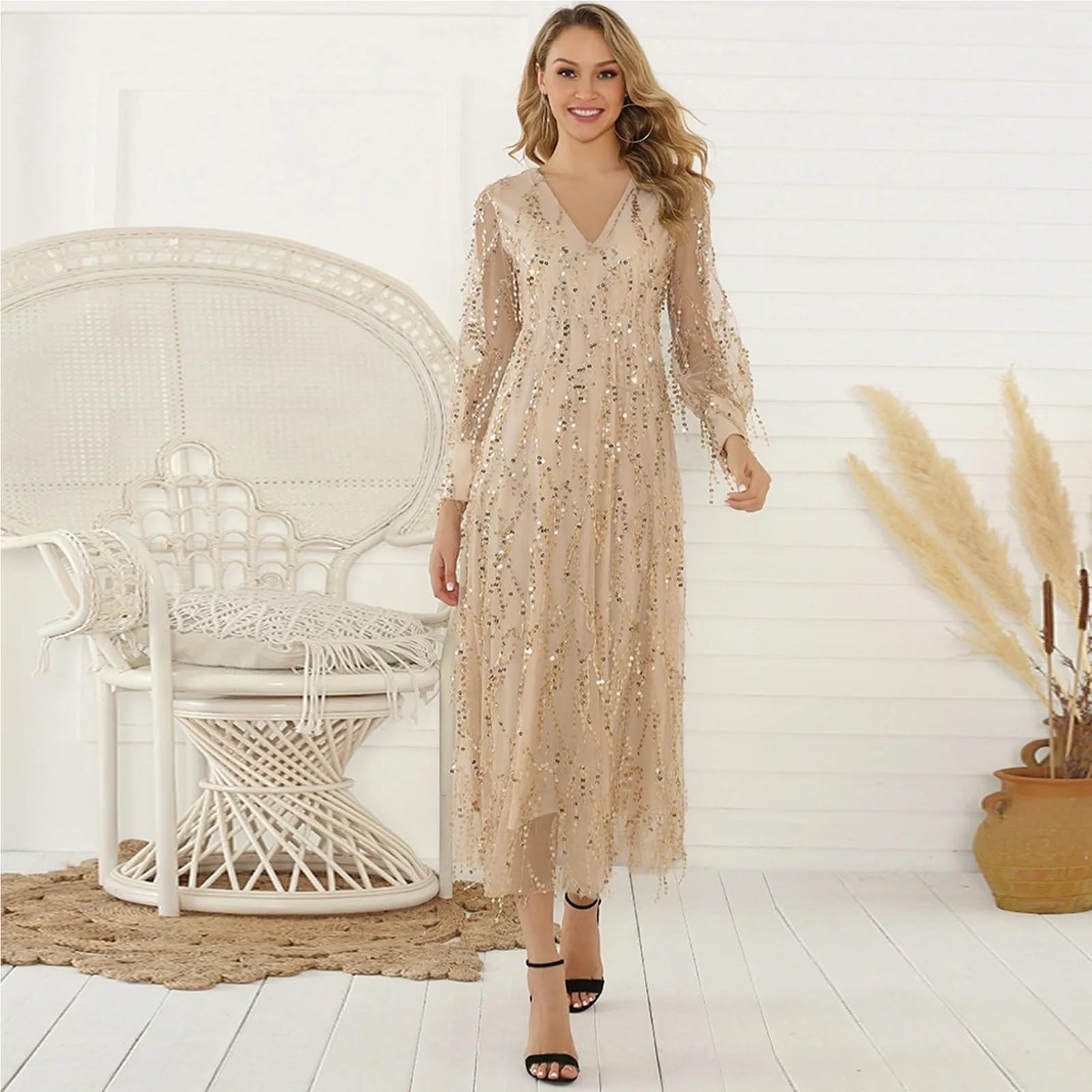 Damska Suknia Ślubna Plus Size Casualowa Sukienka Seksowne Sukienki Wieczorowe Z Cekinami Z Dekoltem W Szpic Moda Imprezowa Randka Długa Sukienka