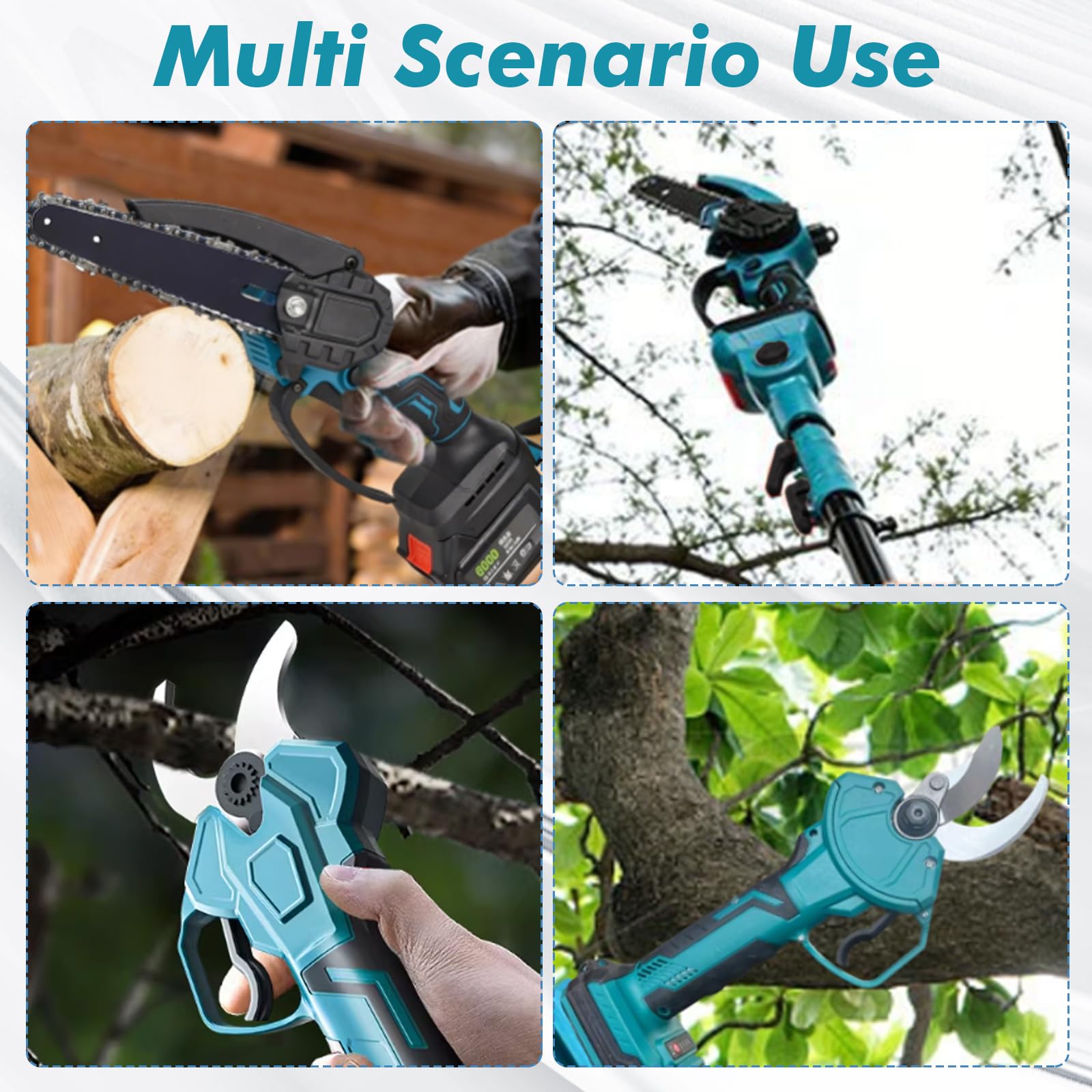 6 Zoll Mini Kettensäge & Akku Elektro Gartenschere,4-in-1 Elektro Hochentaster mit 2 x 4000mAh Akkus,VerläNgerungsstange Bis 2.6m,Bürstenloser Motor,Akku Hochentaster Gartenwerkzeug Set für Baumzweige