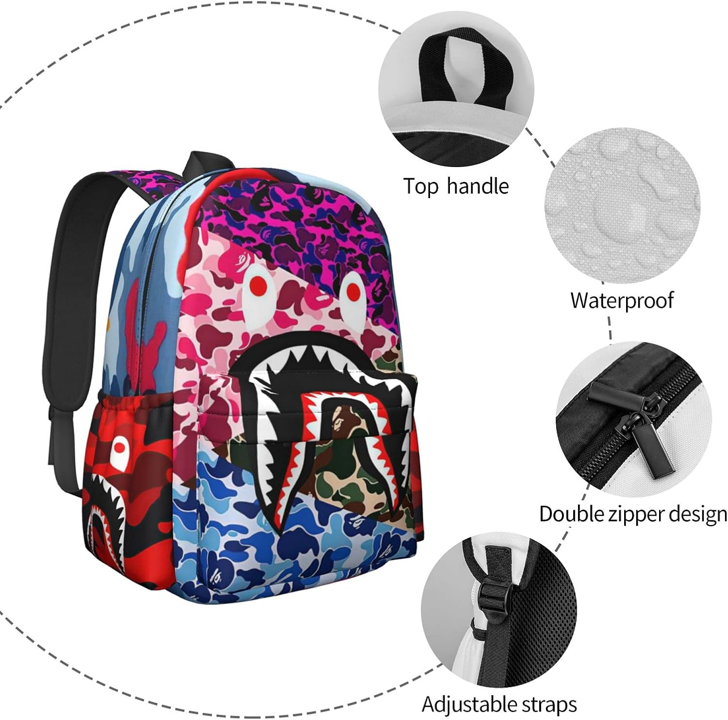 Vkaxopt Backpack Shark Teeth Camo Backpacks Travel Laptop Daypack Big Capacity Bookbag Fashion Durable for Men and Women