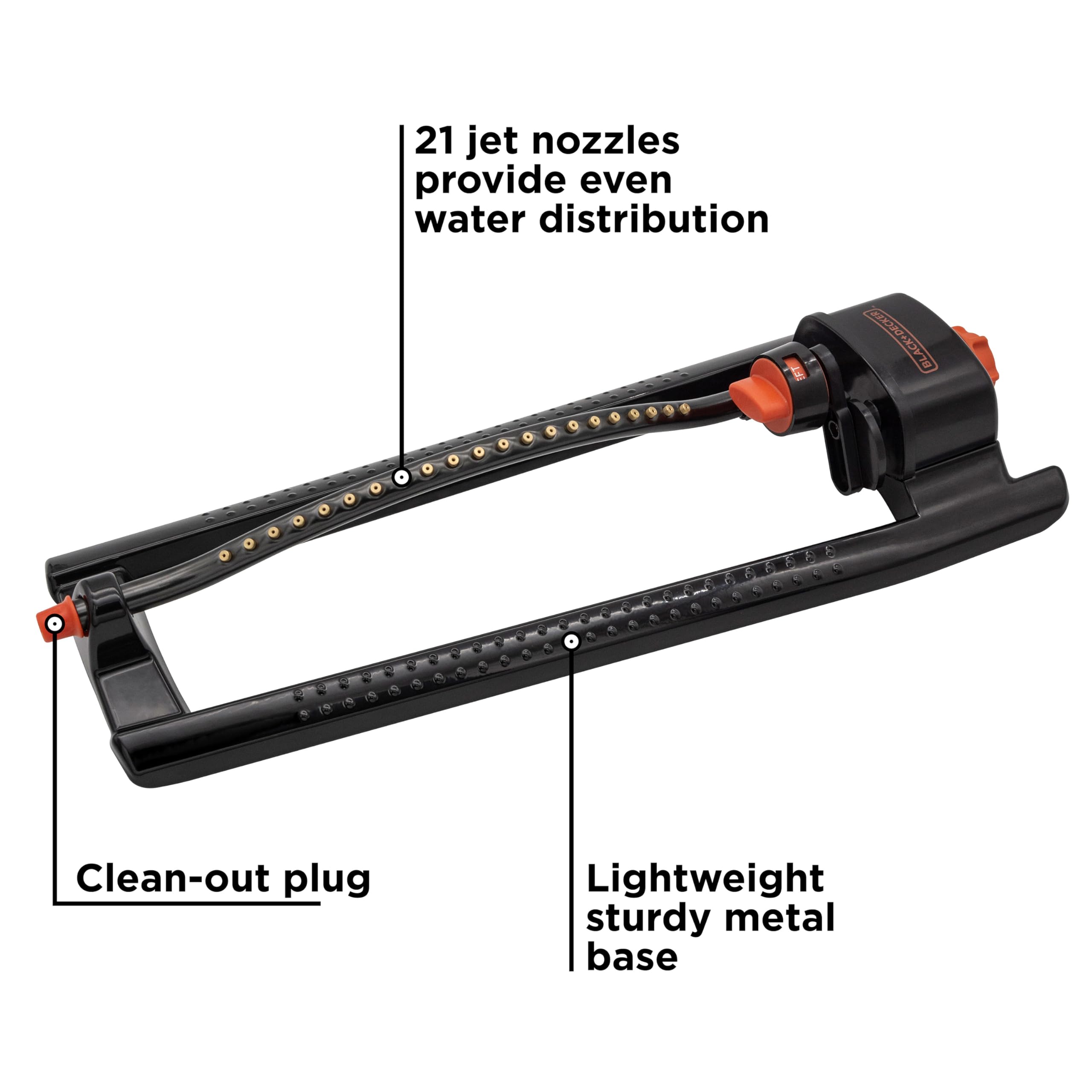 Black + Decker® - Irrigatore oscillante in metallo da 3,600 mq, durevole, regolabile, copertura uniforme BD3435