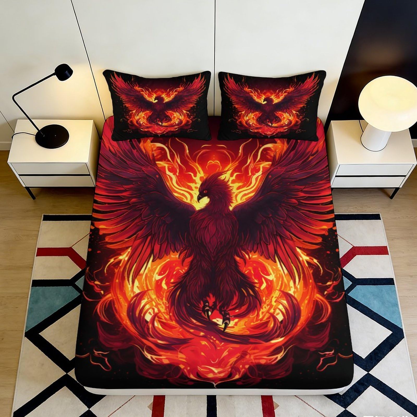 3D Printed Phoenix Fire Fitted Sheet Microfiber Red Orange Flame Bed Cover for Bedroom Dorm Mattress Decor 90x200x25cm