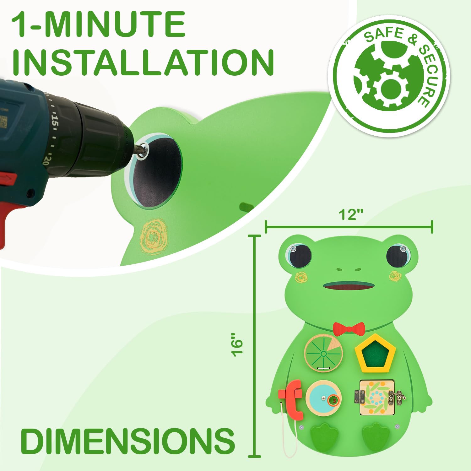 Monläurd Giocattolo sensoriale da parete a forma di rana in legno, tavola occupata per bambini, pannello sensoriale Montessori da parete per bambini, ideale per aula, sala giochi e asilo nido, tavola