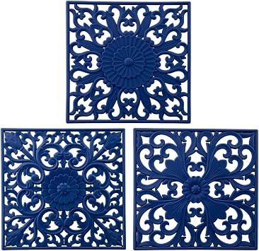 Trivets for Hot Pots and Pans, Silicone Hot Pads for Kitchen, Flexible Silicone Pot Holder for Table, Non-Slip Heat Resistant Trivets for Dishes, Square Silicon Trivet Mats Set 3 Blue