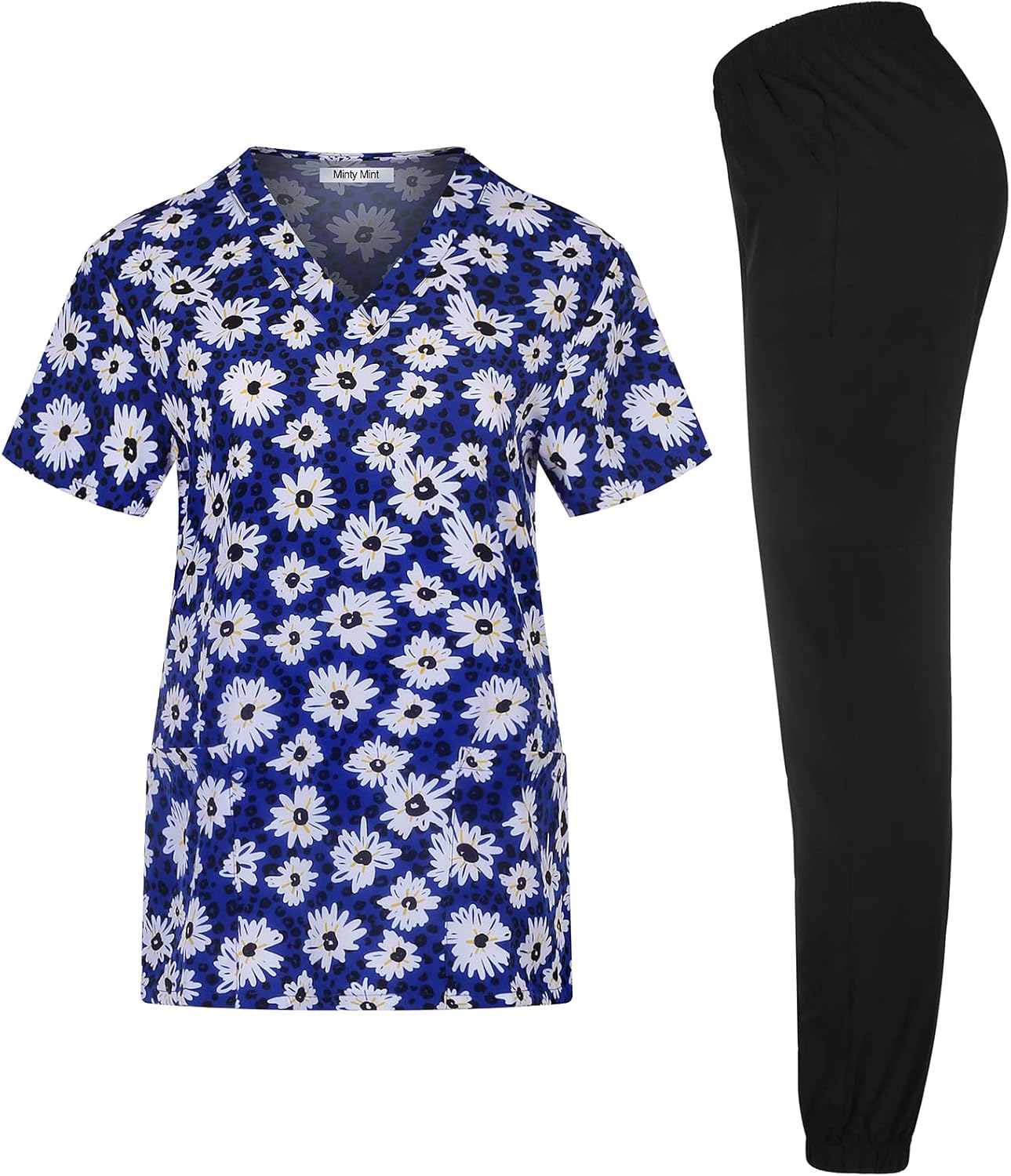 Minty Mint Women's Printed Medical Scrub Set V-Neck Top and Jogger Pants Indigo Ivory M