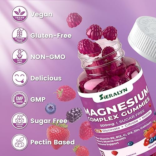 Miniatura 7 de Gomitas de complejo de magnesio 500 mg  Glicinato de magnesio, citrato, malato con vitamina D3, C, B6, B12, zinc y calcio, suplemento de magnesio