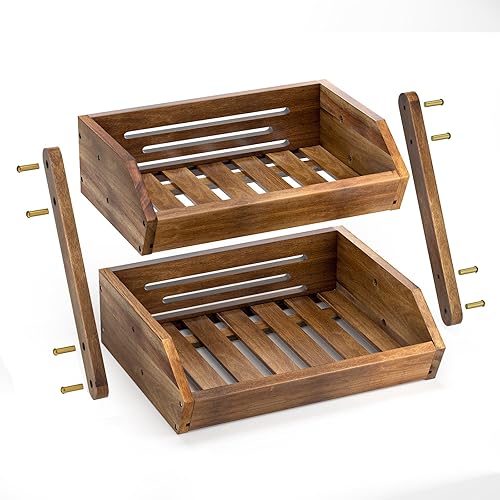 Miniatura 4 de G.a HOMEFAVOR Cesta de frutas Frutero de madera de acacia de 3 niveles para cocina, soporte de almacenamiento de frutas para verduras y aperitivos,