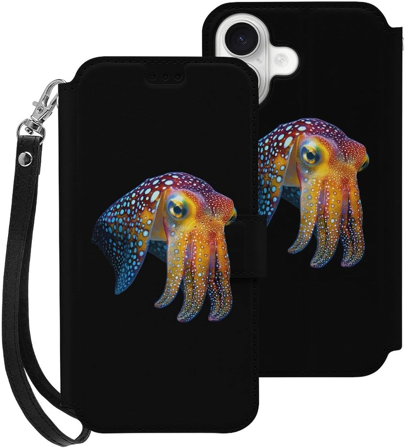 Cuttlefish Glowing Squid Compatible with iPhone 16/16 Plus/16 Pro/16 Pro Max/16 E Case Phone Wallet Card Holder Flip Cover with Wrist Strap