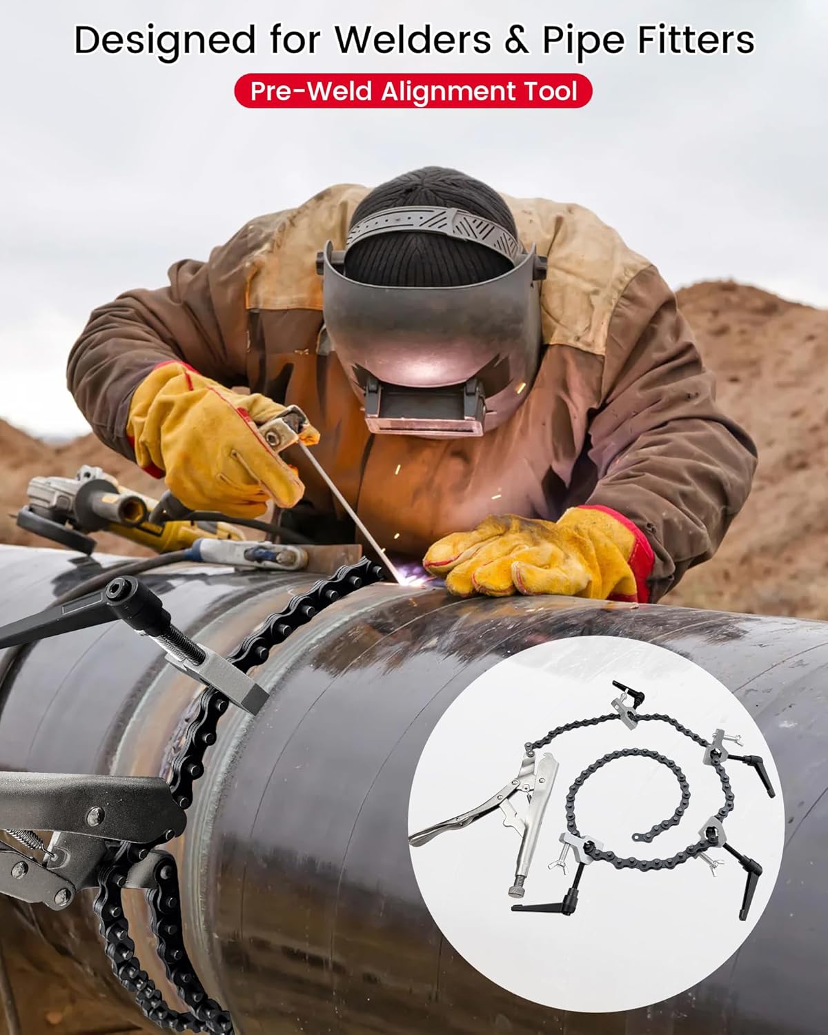 Adjustable Pipe Alignment Chain Pliers Clamp, Fit for Round Pipes up to 14" in Diameter // Precision Alignment of Pipes // Pre-Welding Preparation // Replaceable 48" Chain