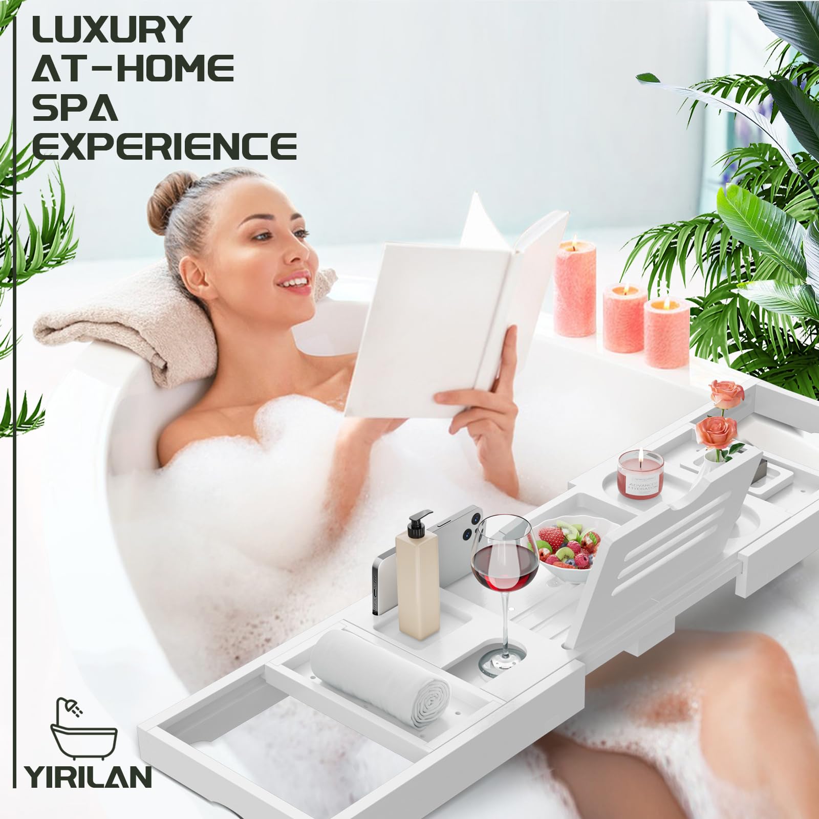 Plateau De Baignoire Extensible En Bambou - Avec Support Téléphone, Porte-verre Et Bougeoir - Cadeau Spa