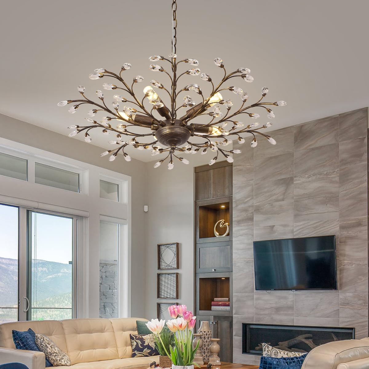 Vintage Crystal Chandelier with Aged Bronze Branch Design, 5-Light Ceiling Hanging Light Fixture for Dining Room Living Room Bedroom Hallway, Height Adjustable