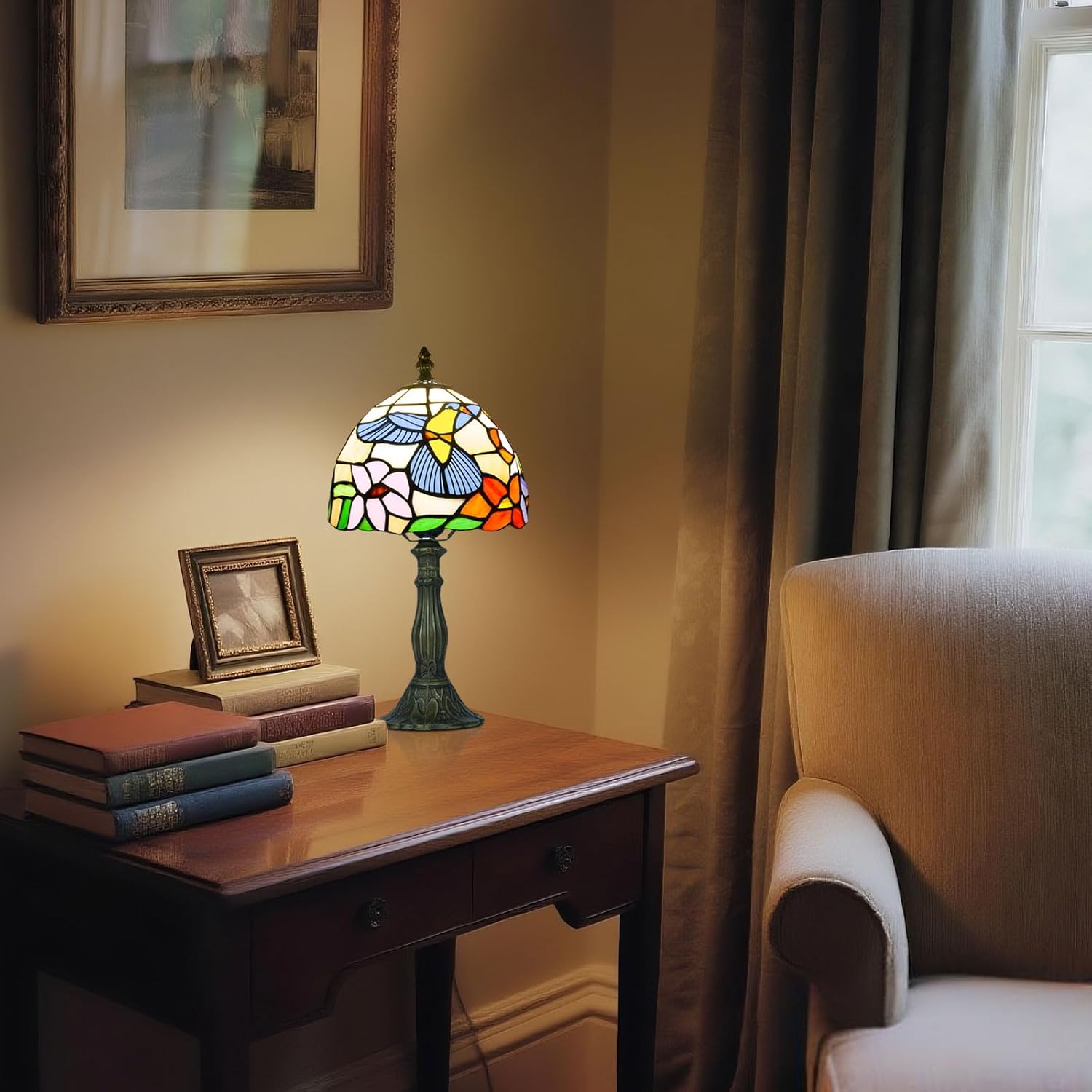 Tiffany Style Table Lamp for Bedroom - Remote Control 8 Inch Stained Glass Lamp with Timer, Stepless Dimmable and Glass Shade Bedside Lamps for Living Room Office, Bulb Included (Hummingbird)