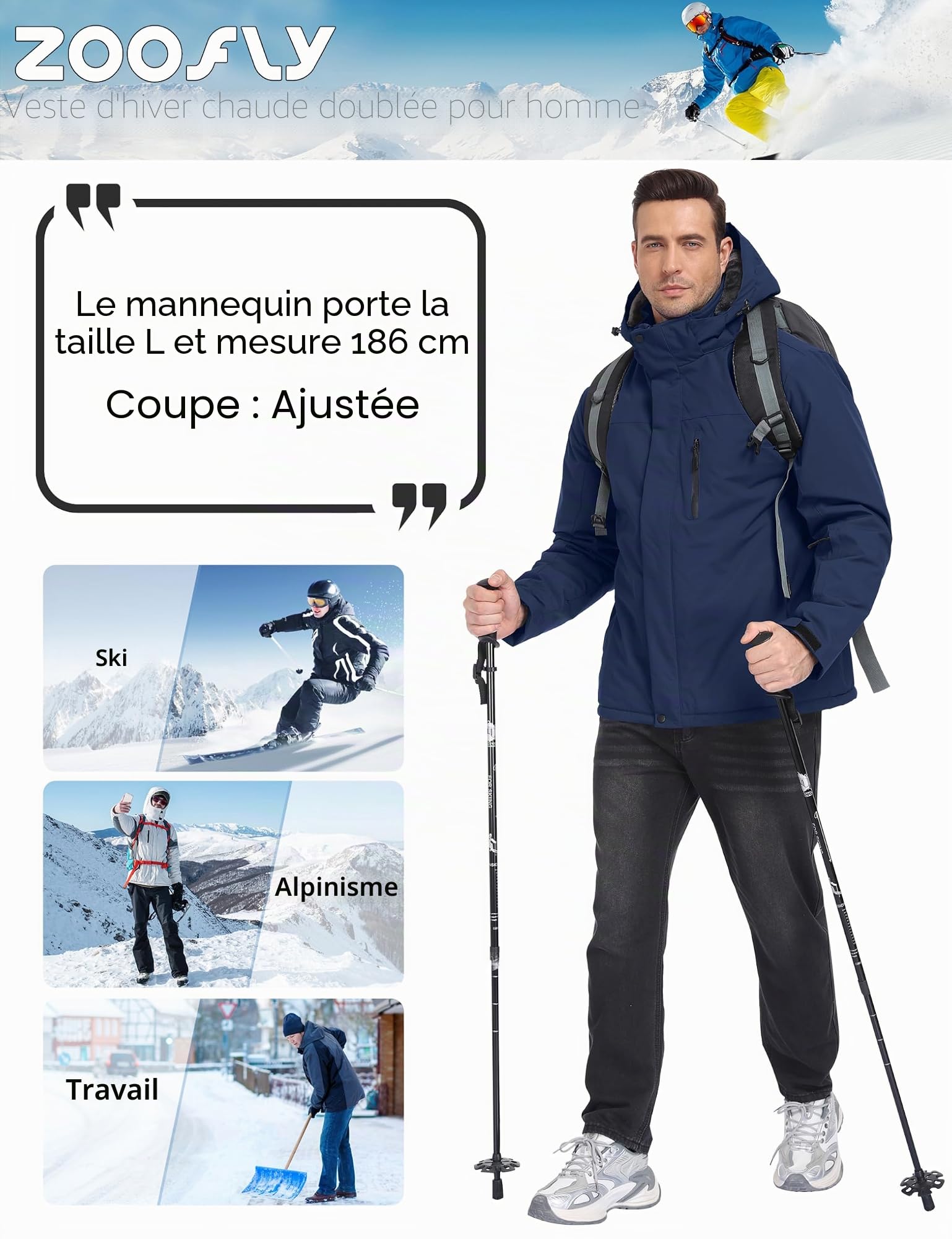 Zoofly Veste de Ski Homme Imperméable Manteau Homme Hiver Chaude Doublure en Polaire avec Capuche Amovible
