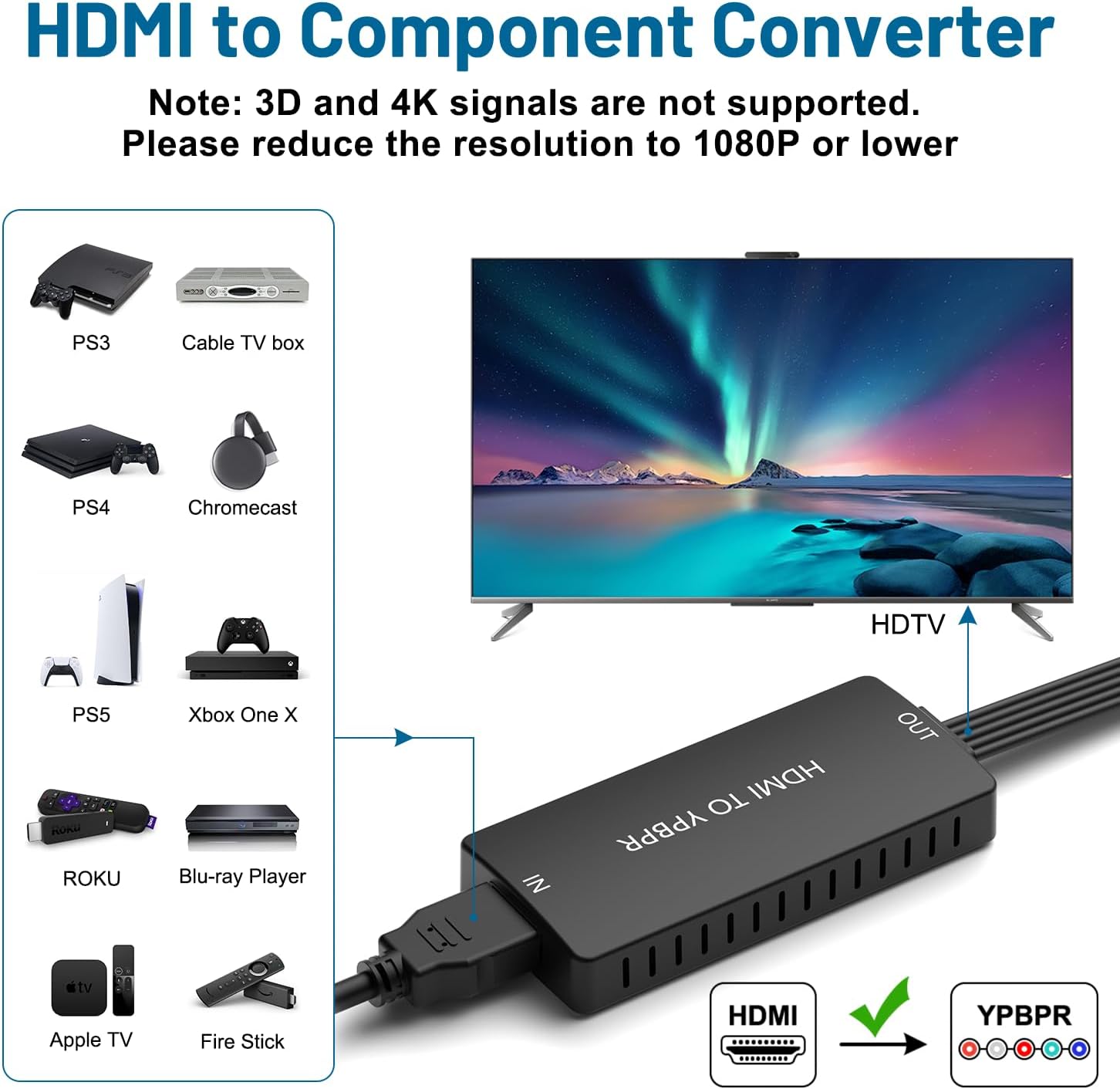 HDMI to Component Converter, YPbPr + R/L Audio Adapter Converter 1080P 5RGB Converter for Blu-ray DVD, STB, PS3, PS4, Fire Stick, PC, Xbox, Roku, DVD Players