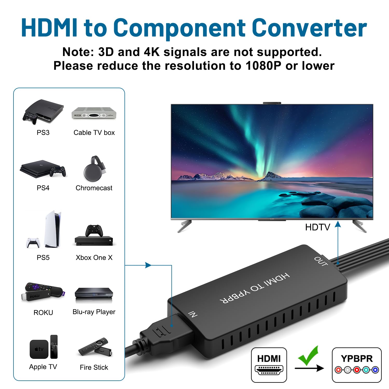Convertidor HDMI a componente, YPbPr + R/L, convertidor adaptador de audio 1080P 5RGB para reproductores Blu-ray DVD, STB, PC, Xbox, Roku, DVD