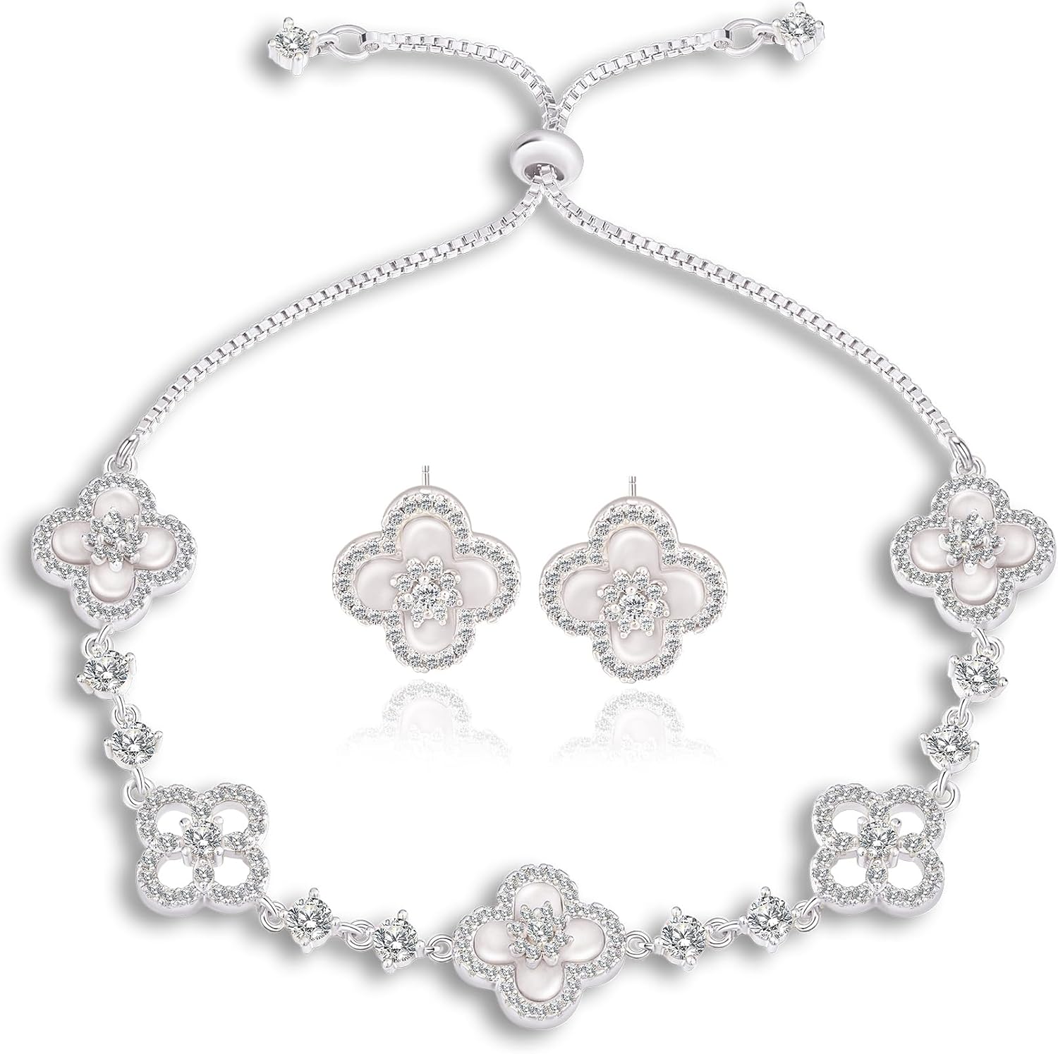 Women's Jewelry Set: 18K Gold Plated Clover Bracelet with Cubic Zirconia & Flower Stud Earrings, Four Leaf Lucky Charm Bracelet Earrings Set, Valentine's Day/Mother's Day Gift for Her