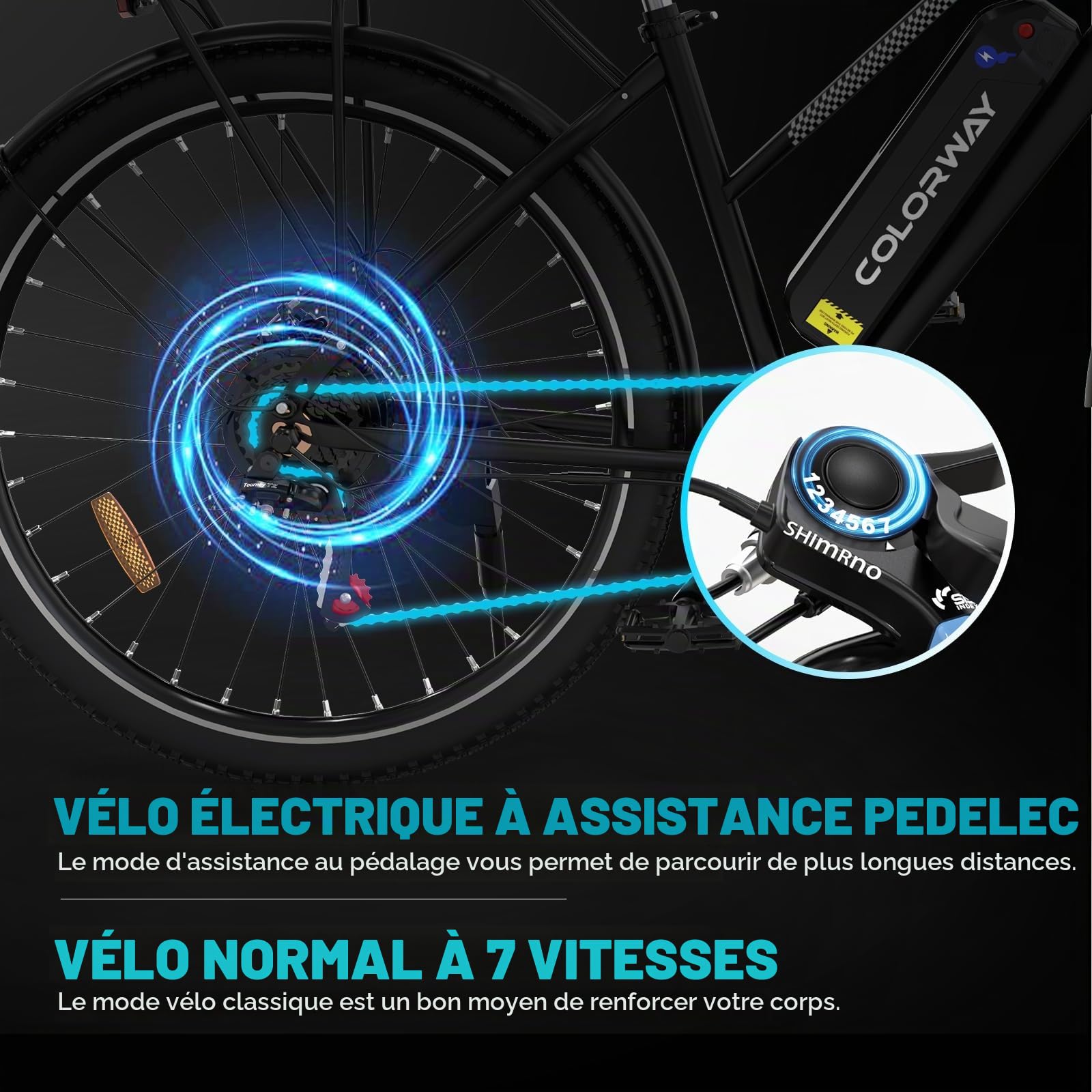 COLORWAY Vélo Électrique, ebike de 28 Pouces pour hommes et femmes, vélo électrique de ville avec au lithium amovible 36V 15Ah, 7 vitesses avec moteur 250W, écran intelligent, autonomie de 45 à 100 km