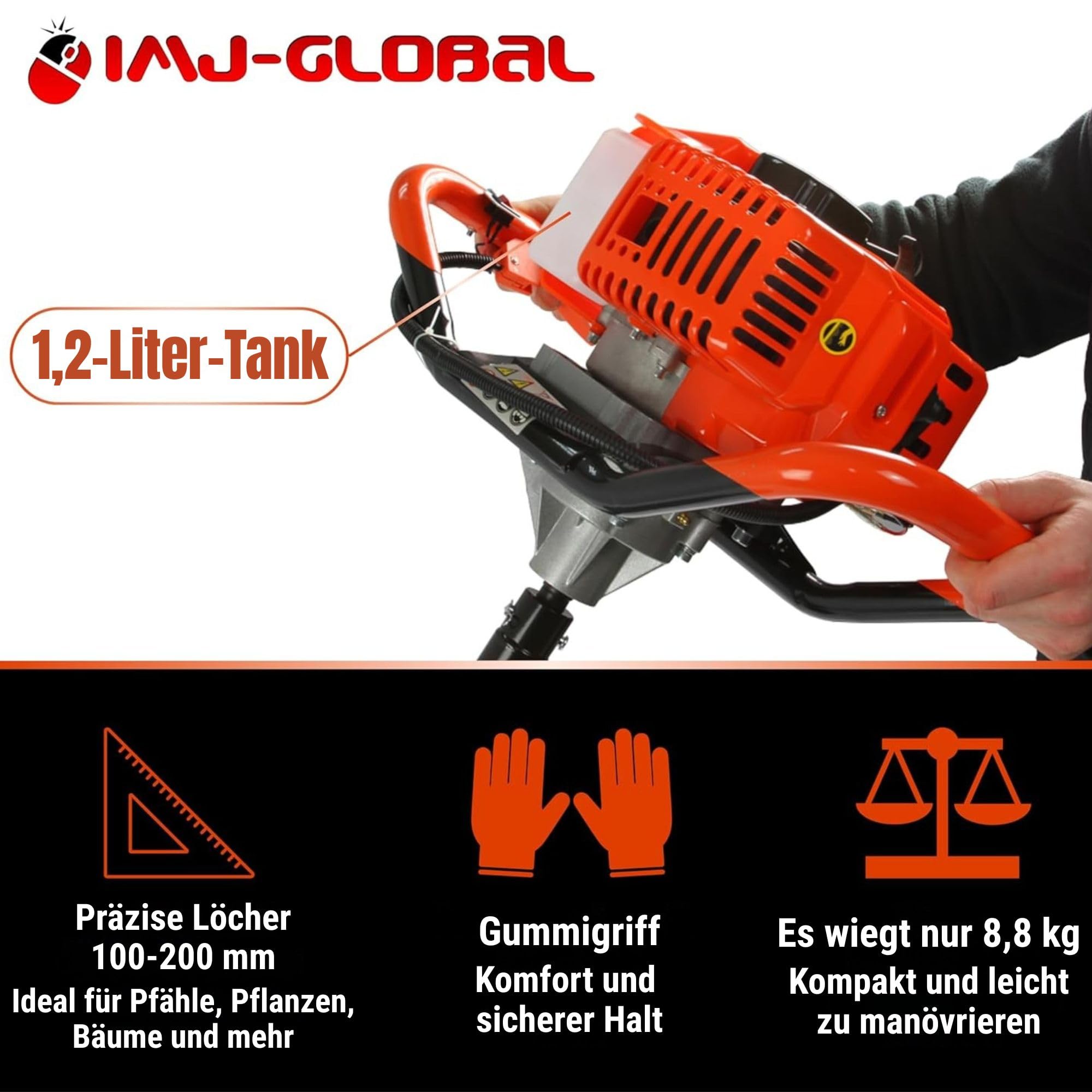 IMJ-Global – Erdbohrer Benzin DEMON da 62cc – 5,2 PS mit 2-Takt-Motor, Benzin-Öl-Gemisch, Benzin Erdbohrer Gartenbohrer Professioneller mit 3 Bohrspitzen (Ø 100 mm, 150 mm, 200 mm)
