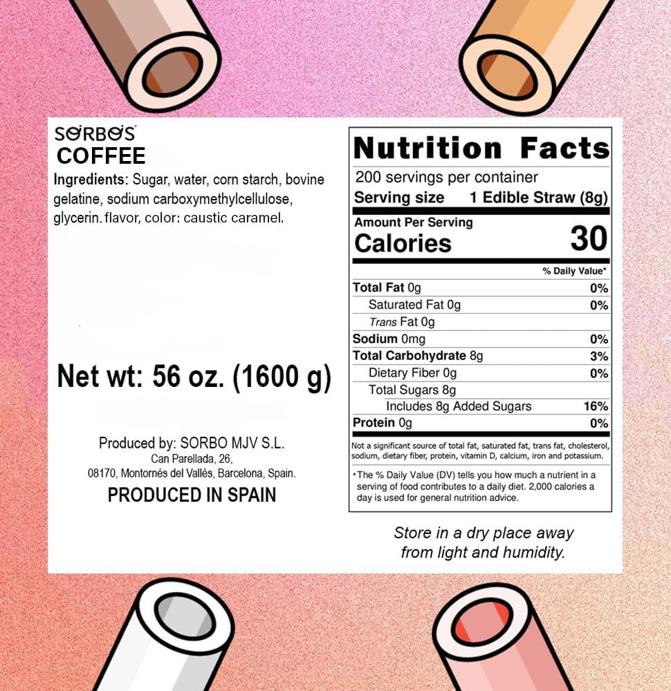 Sorbos Edible Straws, Coffee Flavored, Sustainable, Individually Packaged, No Plastic, No Allergens, No Gluten, No PFAS, Eco Friendly, 7.4 inches long (Pack of 200)