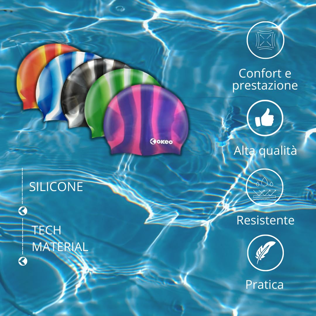 Okeo Cuffia Piscina Donna e Uomo in Silicone – Cuffia Nuoto Multilines Arancione, Elastica e Impermeabile