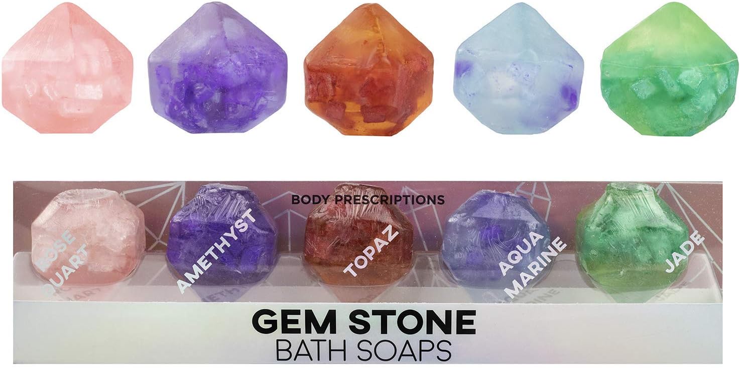 Body Prescriptions Gem Stone Bath Soaps, 5 Gem Birthstone Shaped Soap Rock for Bath or Display, Party Favor and Gift for Women and Girls, 1.06 Oz Bath Gem Soaps