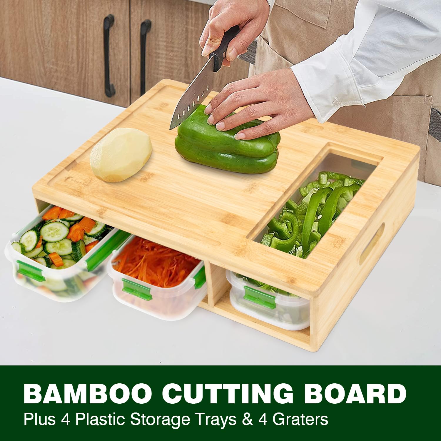 Tabla de cortar de bambú con recipientes, juego de tabla de cortar extragrande con 3 recipientes apilables, 4 ralladores, tapa de bloqueo, ranura para jugo, estación de preparación de comidas