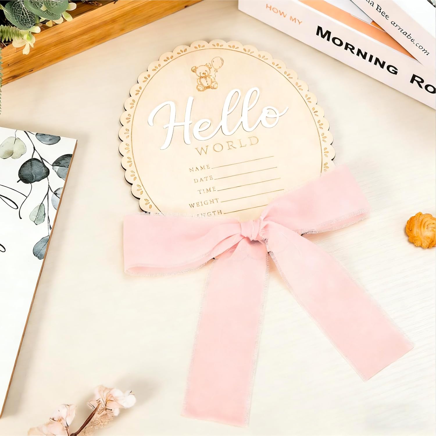 AnyDesign Bear Baby Announcement Sign Hello World Newborn Sign Scalloped Newborn Birth Wooden Board with Ribbon Bow Milestone Card for Birthday Baby Shower Photo Prop Keepsake