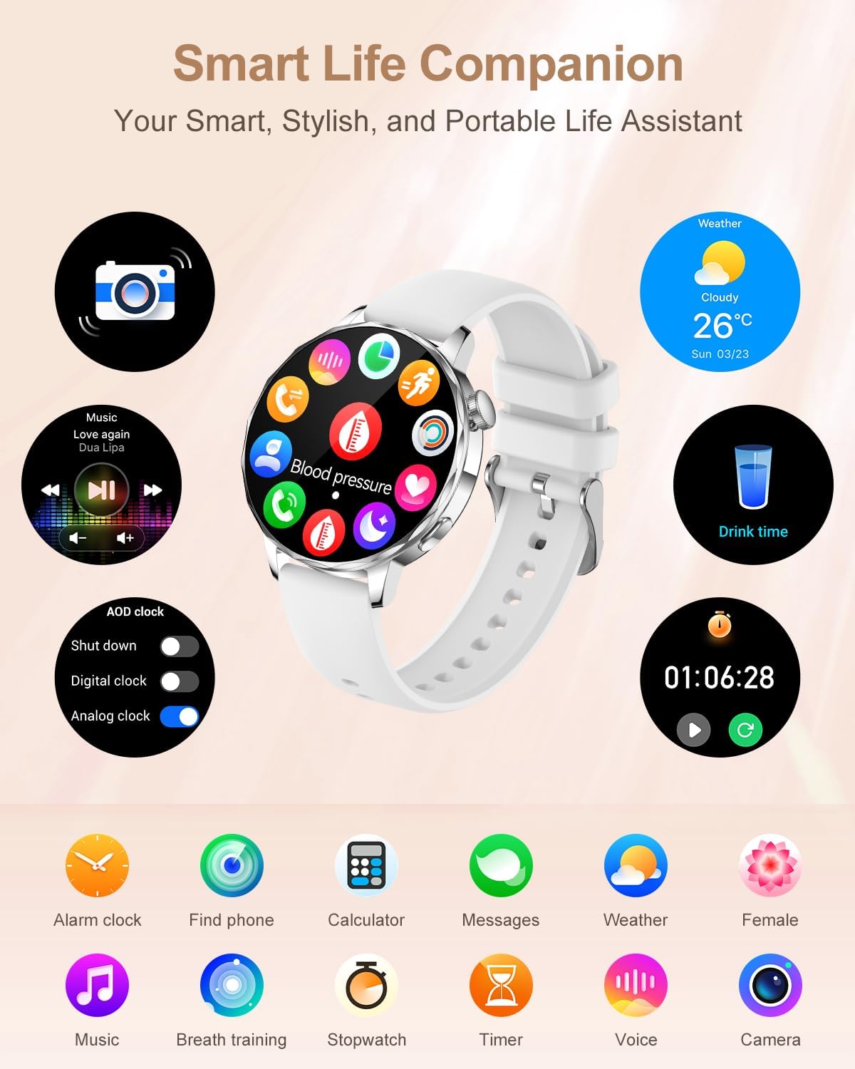 Smart Watch for Women, 1.27 Inch HD Touchscreen, Bluetooth Calling, Heart Rate & Sleep Tracking, 100+ Sports Modes, IP68 Waterproof Fitness Tracker for Android & iPhone (Off-White) - Image 2