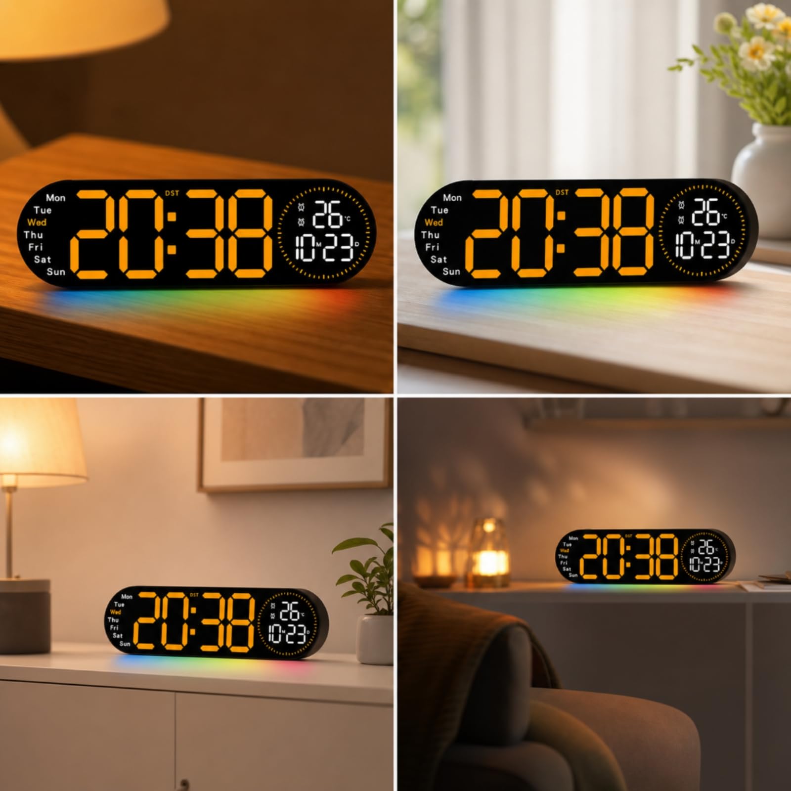 Colcolo Reloj Digital de Pared con Números Indicador a la Izquierda y Temperatura con Fecha a la Derecha Luz Ambiental Discreta y Carcasa de Plástico y PVC, Azul