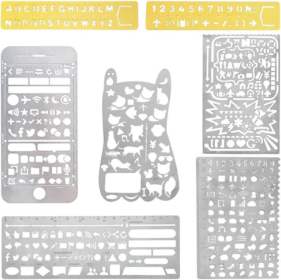 NABLUE 7 in 1 Stainless Steel Multifunctional Drawing Ruler Painting Stencils Scale Template Set,Web UI/Life/Curve/Cat/Flower/Vintage Brass Alphabet for Journaling,Scrapbooking Card,Craft Projects