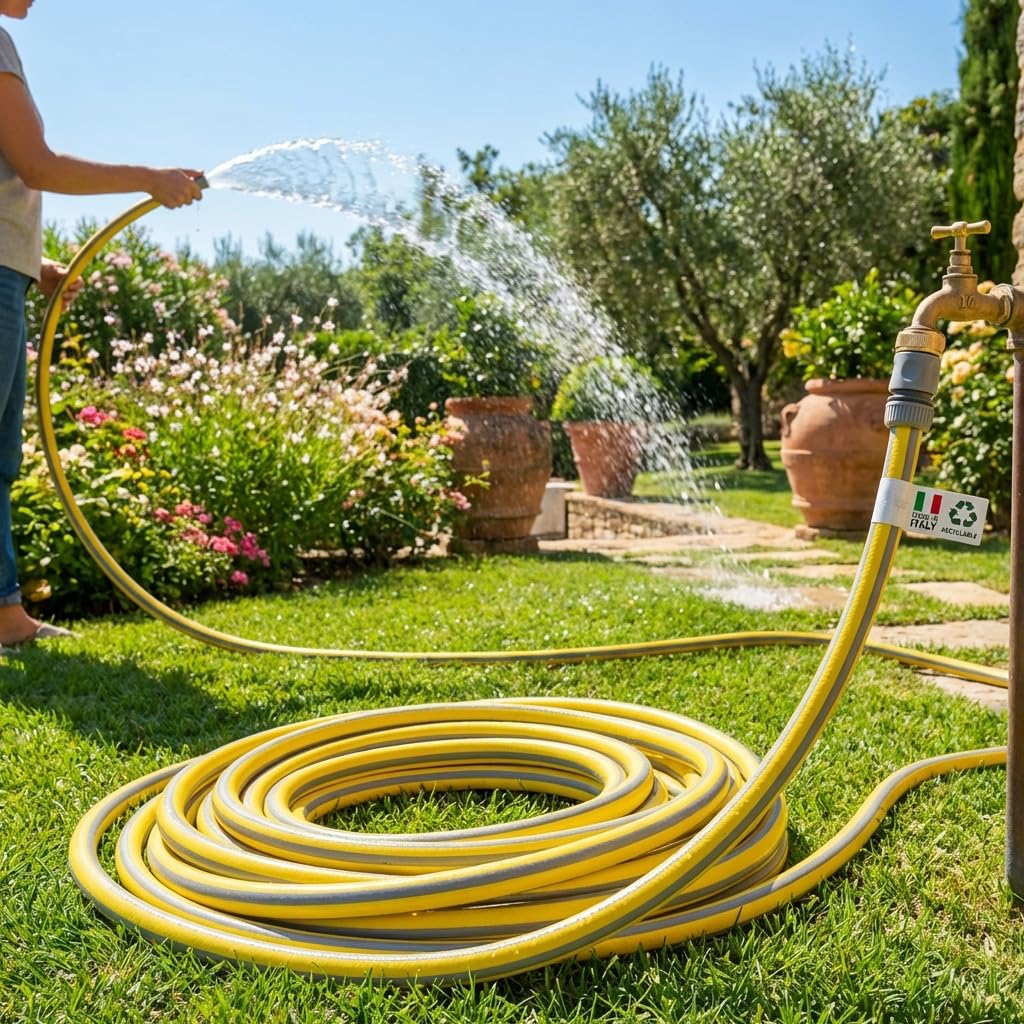 MAKA Tubo Acqua Giardino 3/4 Pollice 50 metri 6 Strati 19mm Pressione 40 Bar Flessibile con Doppio Rinforzo Tessile Retinato Magliato Antitorsione Resiste a Caldo Gelo UV 4 Stagioni Riciclabile (50)