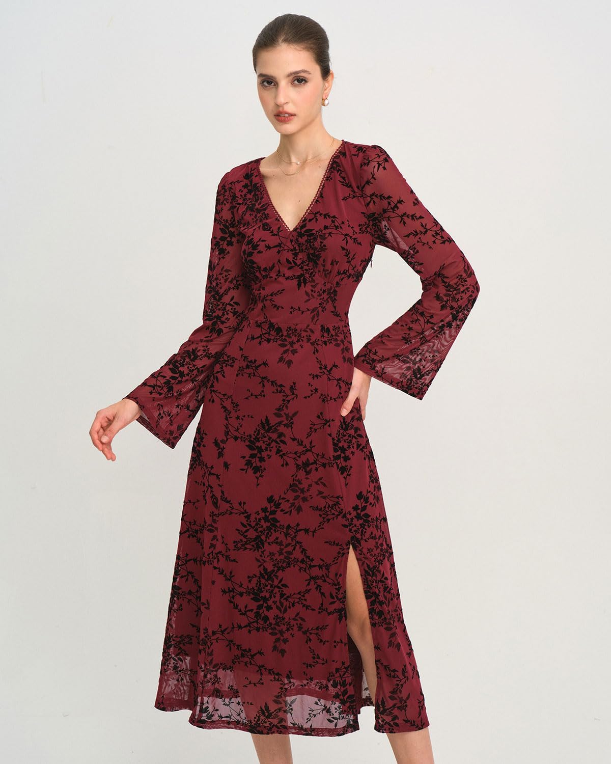 RIHOAS Fall Winter Wedding Guest Cocktail Dress - Elegant Sexy Floral V Neck Long Sleeve Flowy A Line Maxi Party Dress - Image 2
