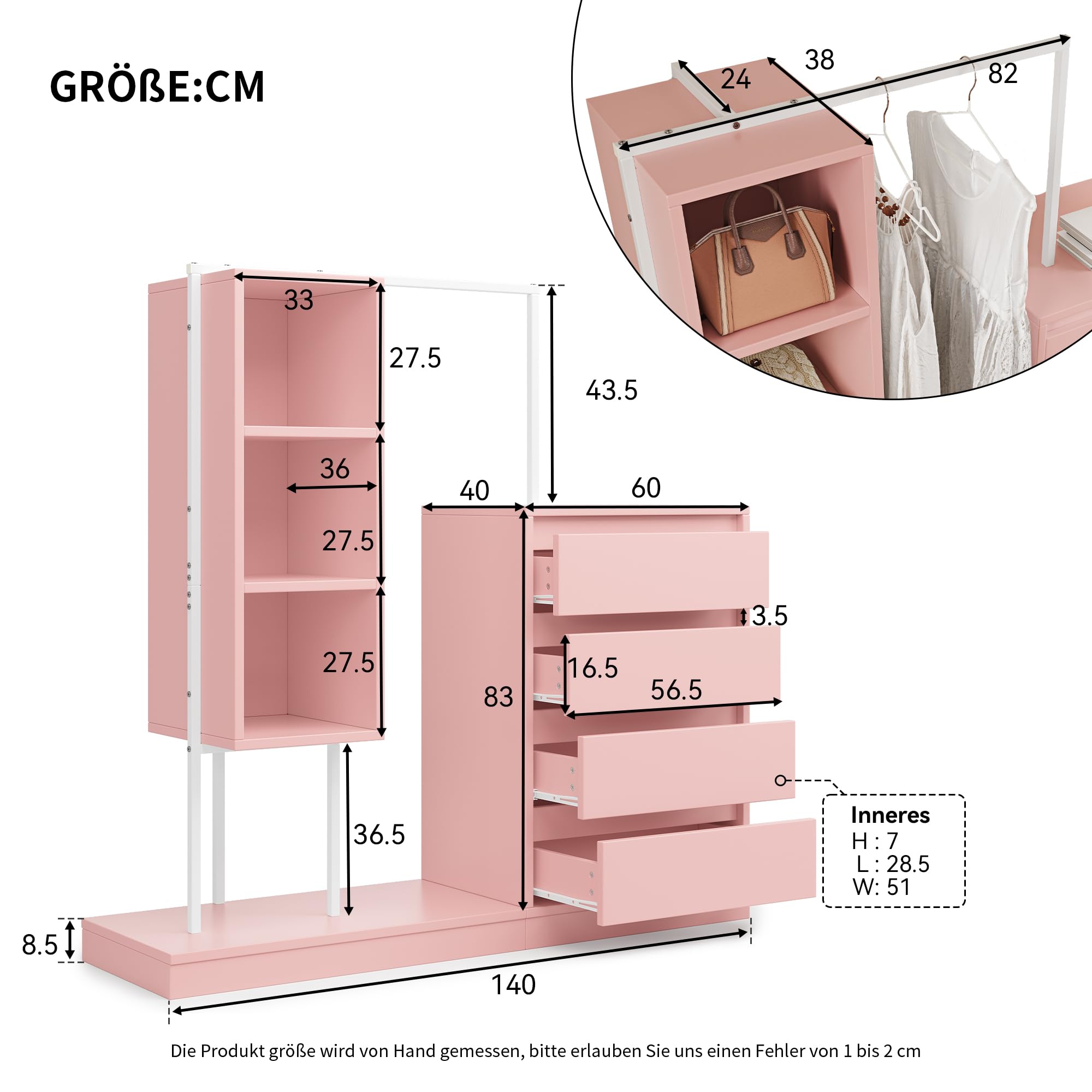 Set guardaroba con cassettiera e credenza, pratico mobile per soggiorno, camera da letto e soggiorno (rosa)