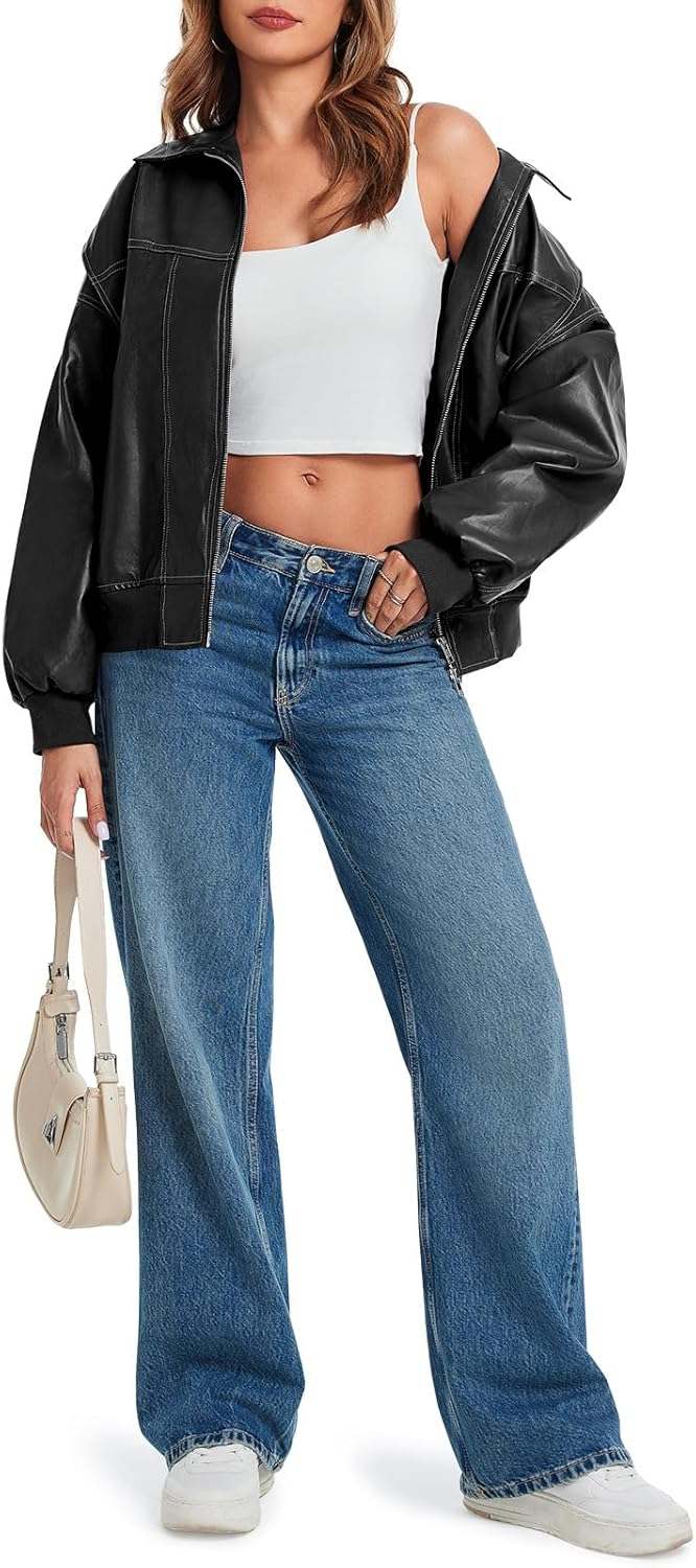 Tankaneo Womens Oversized Leather Bomber Jackets Cap Sleeve Zip Up Motorcycle Coats with Pockets - Image 7