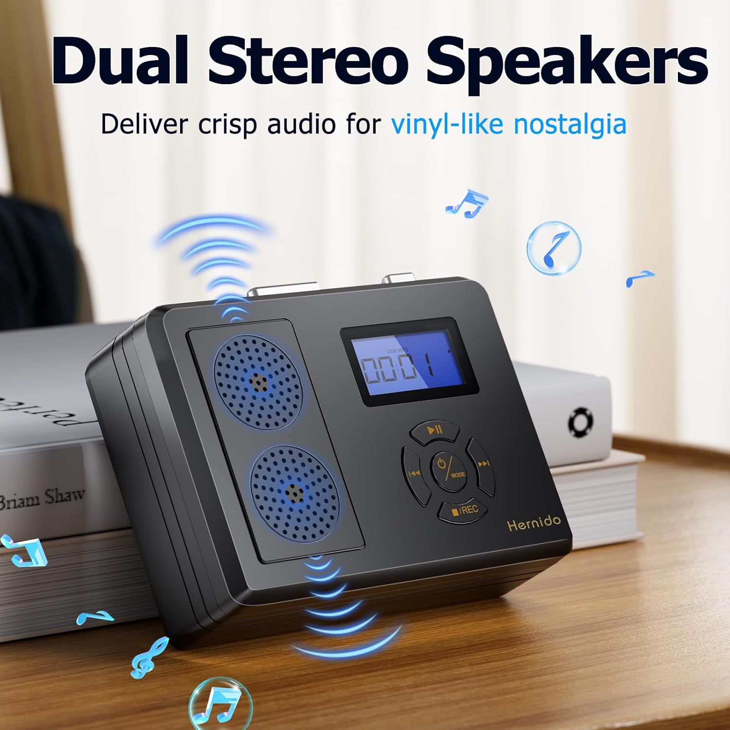 Portable Cassette Tape Player, FM Radio/USB Player/MP3 Digital Converter, Built-in Dual Stereo Speaker & Rechargeable Battery, LCD Display with Headphone Jack