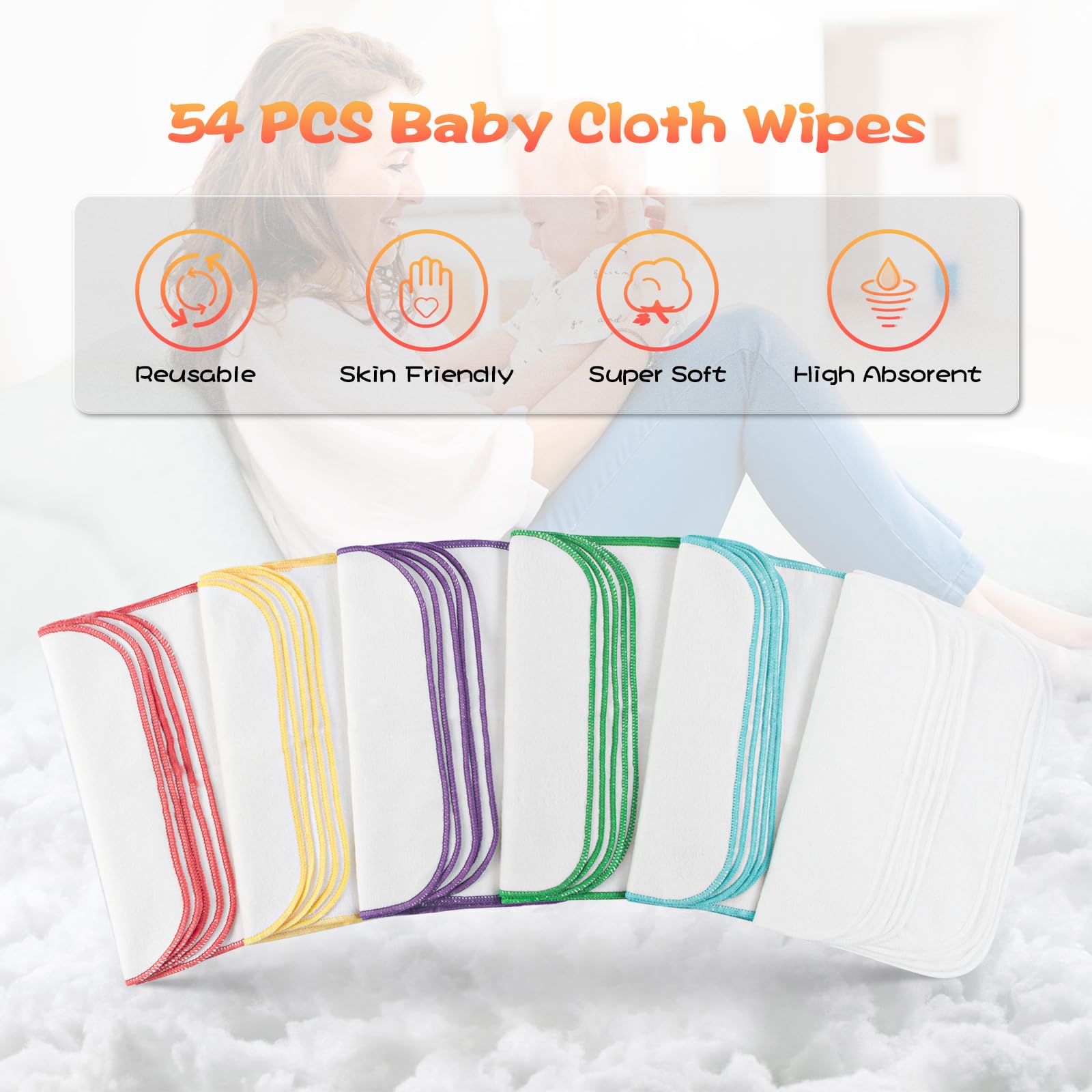 54 Baby-Flanelltücher, blauer Spender für Feuchttücher, wiederverwendbar, natürlich und hautfreundlich, unverzichtbare Handtücher für das Gesicht, 20,3 x 20,3 cm